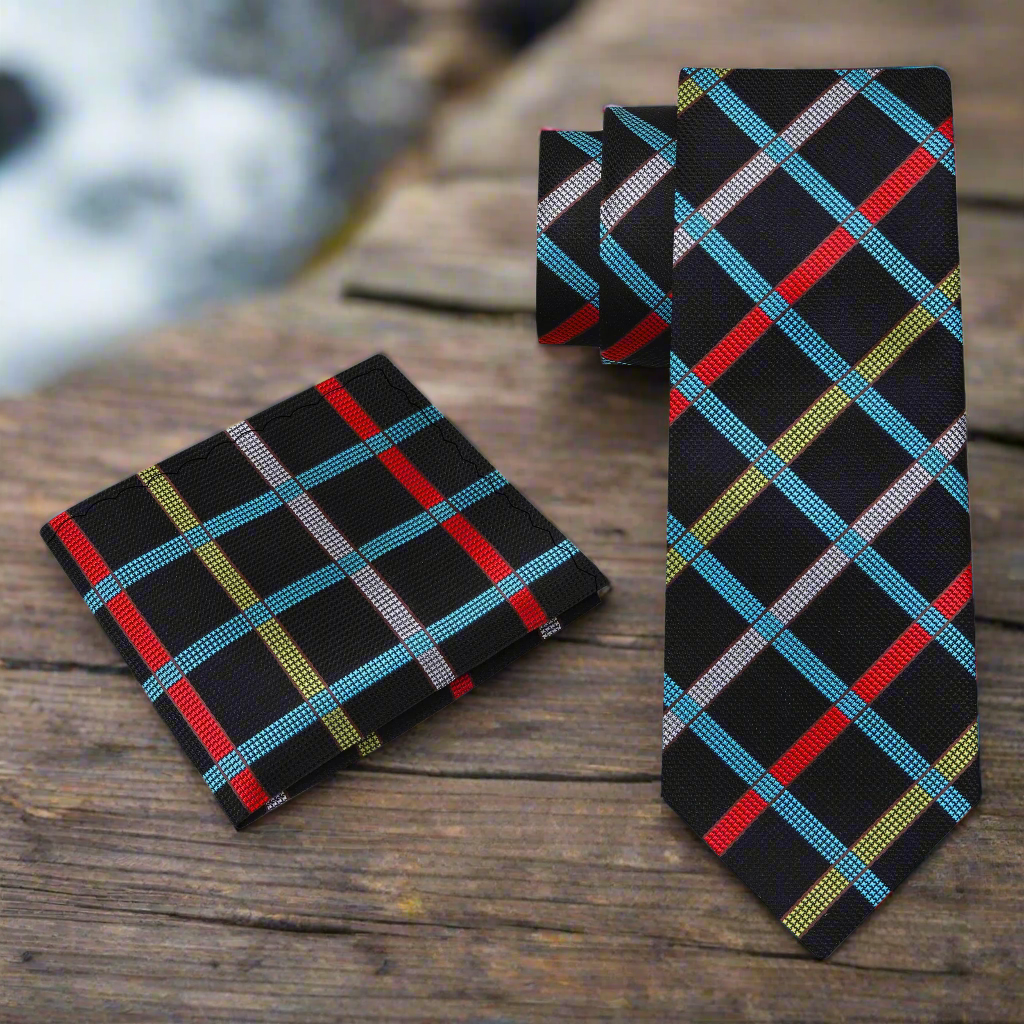 Alt View: Black, Grey, Red, Yellow and Light Blue Geometric Tie and Pocket Square