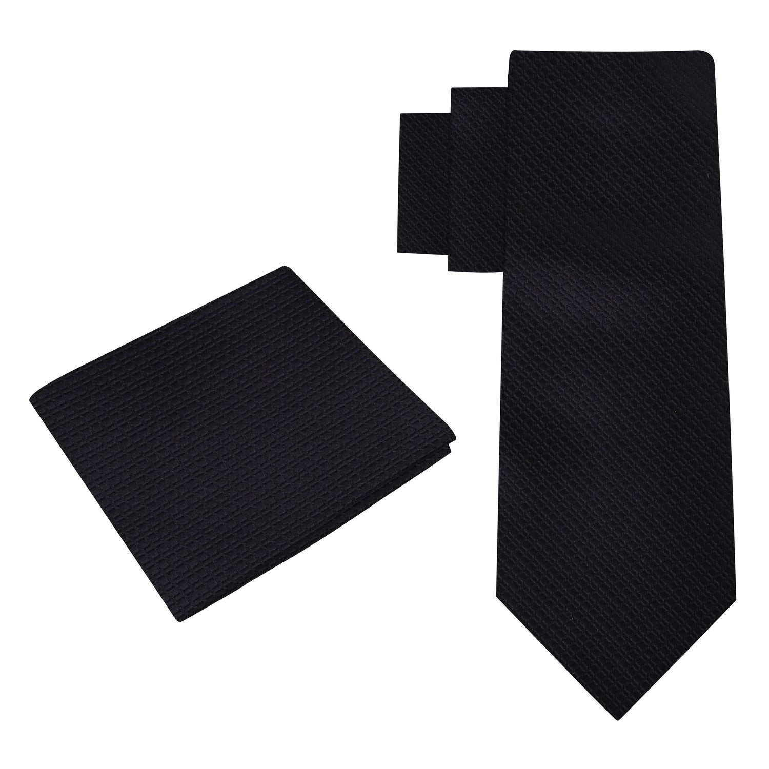 Alt View: A Solid Black Tie With Small Check Texture Pattern Silk Necktie With Matching Pocket Square