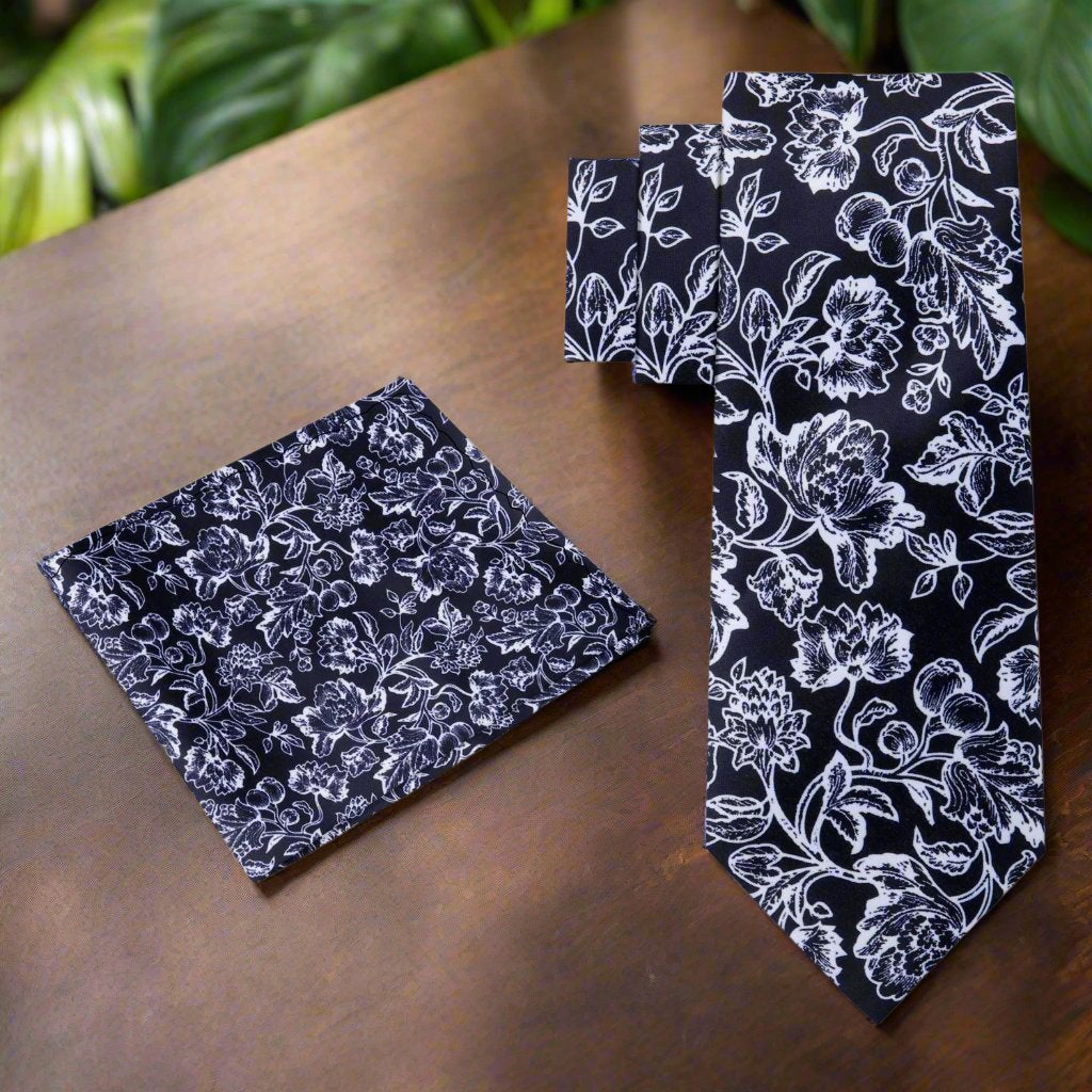 Black, Light Grey Filigree Floral Tie and Square 2