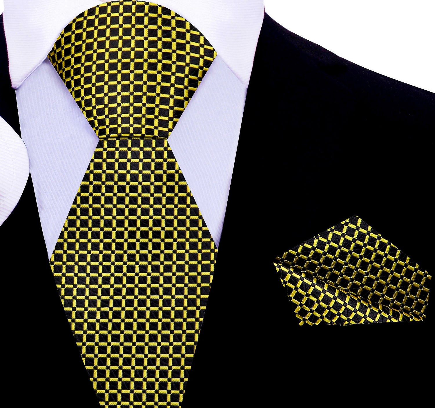 A Black, Gold Small Geometric Check Pattern Silk Necktie, Matching Pocket Square