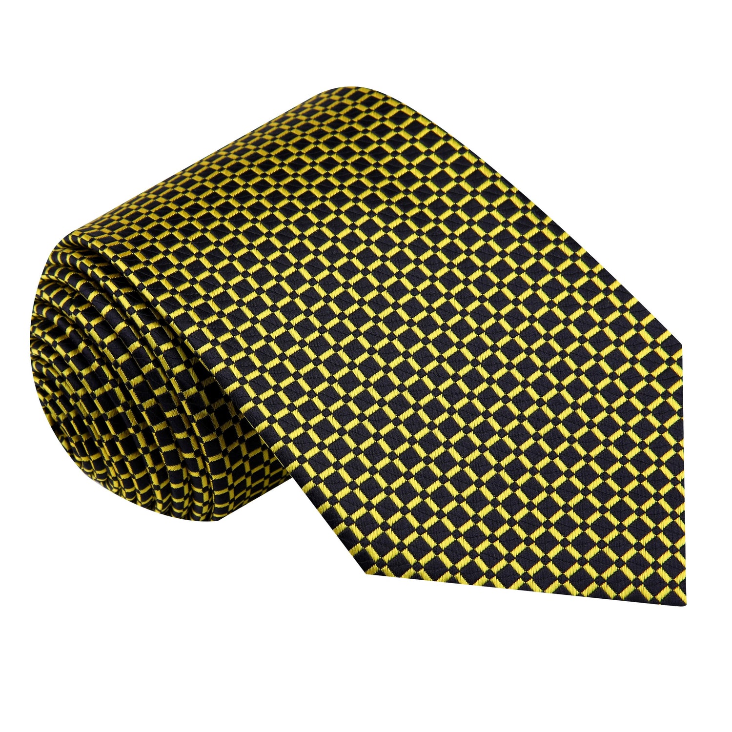 A Black, Gold Small Geometric Check Pattern Silk Necktie