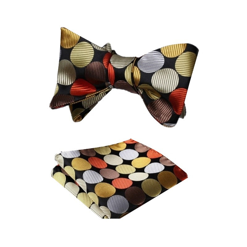 A Orange, Gold, Brown Large Polka Pattern Silk Self Tie Bow Tie, Matching Pocket Square