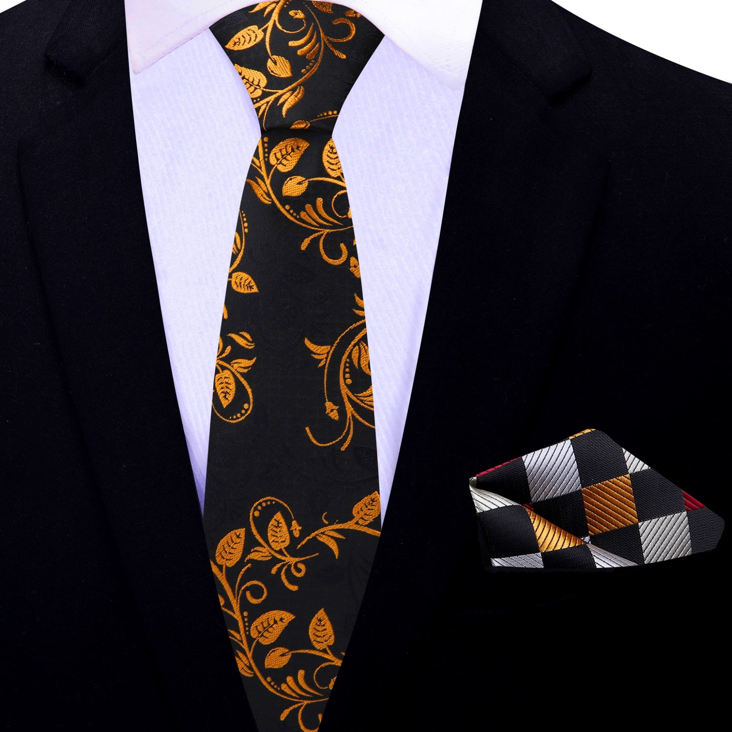 Thin Tie: Black and Gold Vines Tie with Black, Gold, Silver Burgundy Check Pocket Square