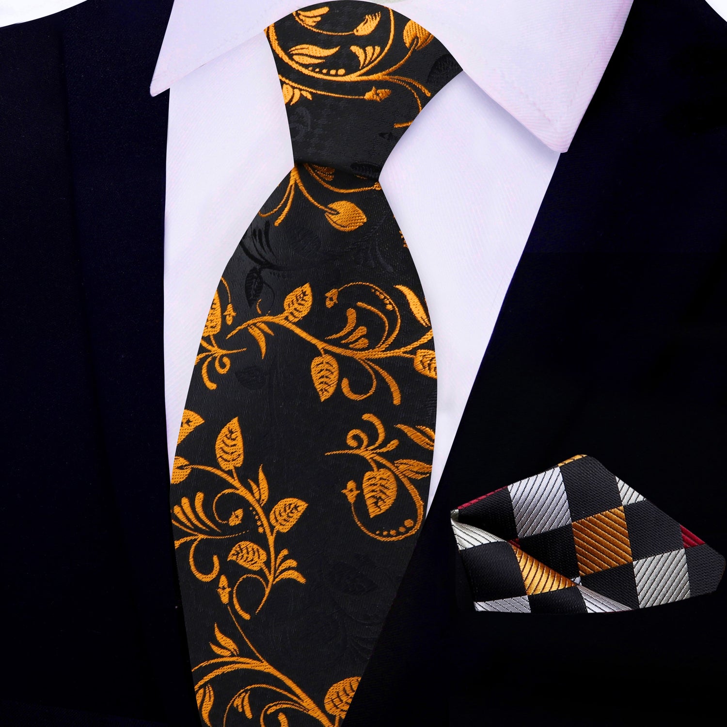 Black and Gold Vines Tie with Black, Gold, Silver Burgundy Check Pocket Square