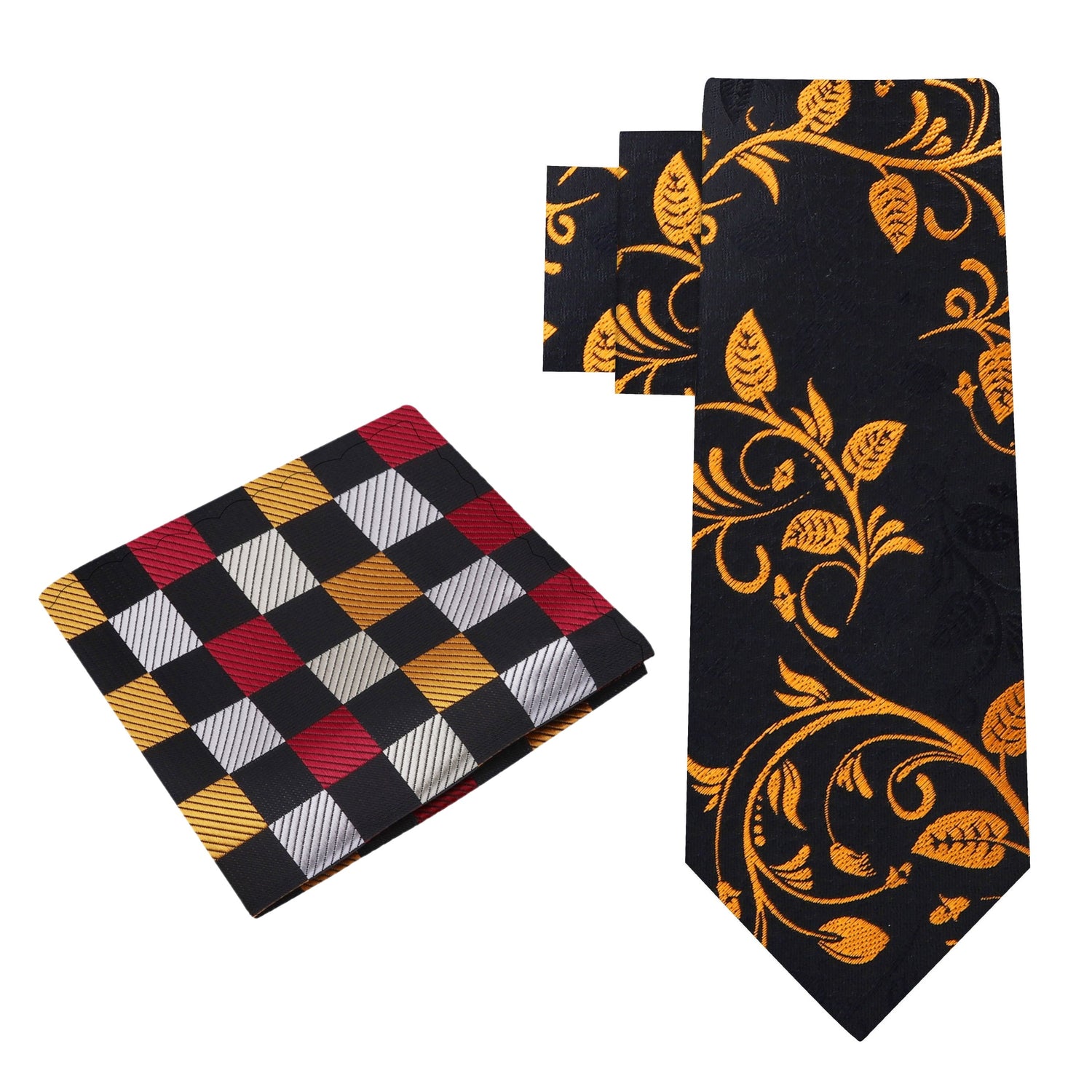 Alt View: Black and Gold Vines Tie with Black, Gold, Silver Burgundy Check Pocket Square