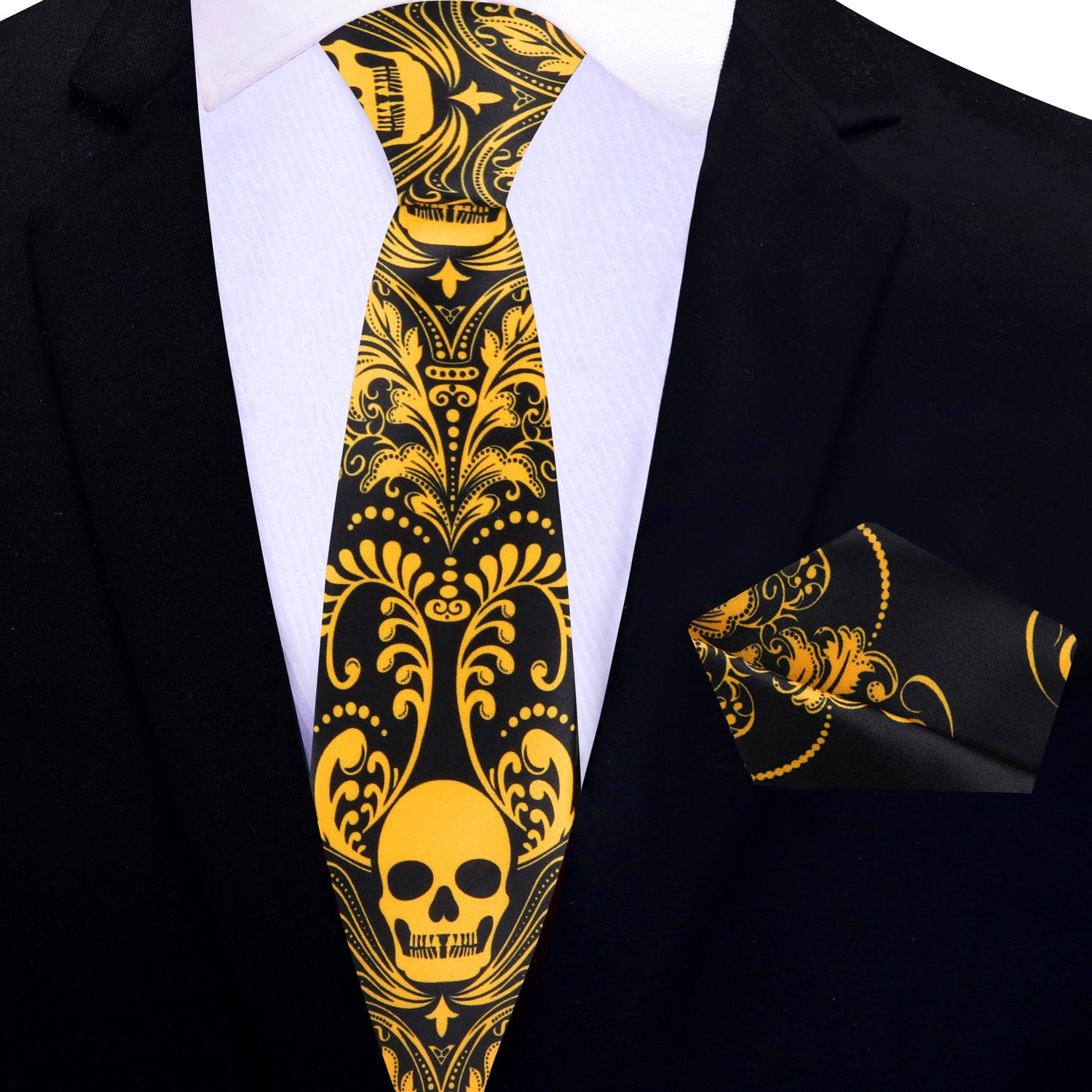 Thin Tie Black and Yellow Gold Intricate Skull Tie and Pocket Square