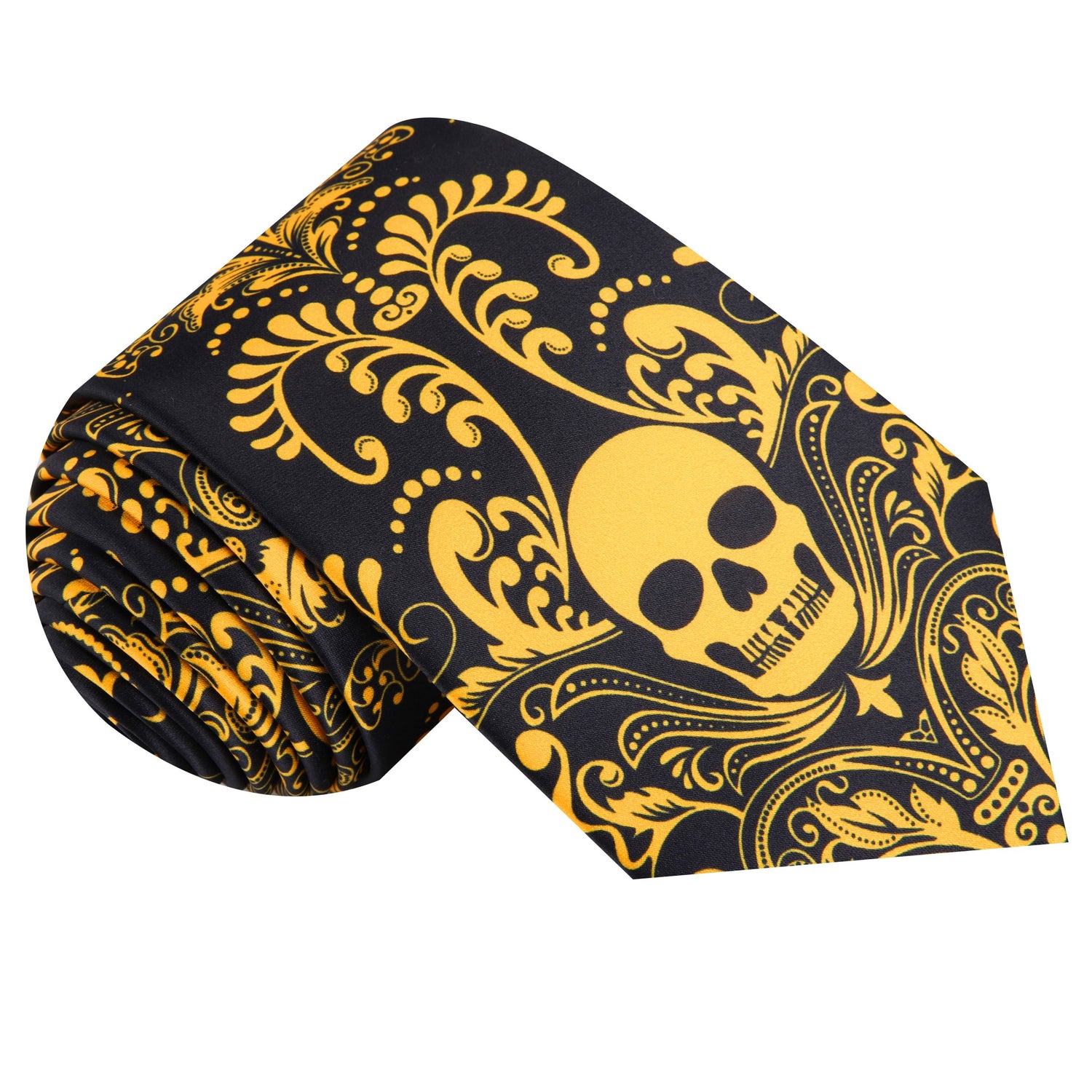 Single Tie: Black and Yellow Gold Intricate Skull Tie 