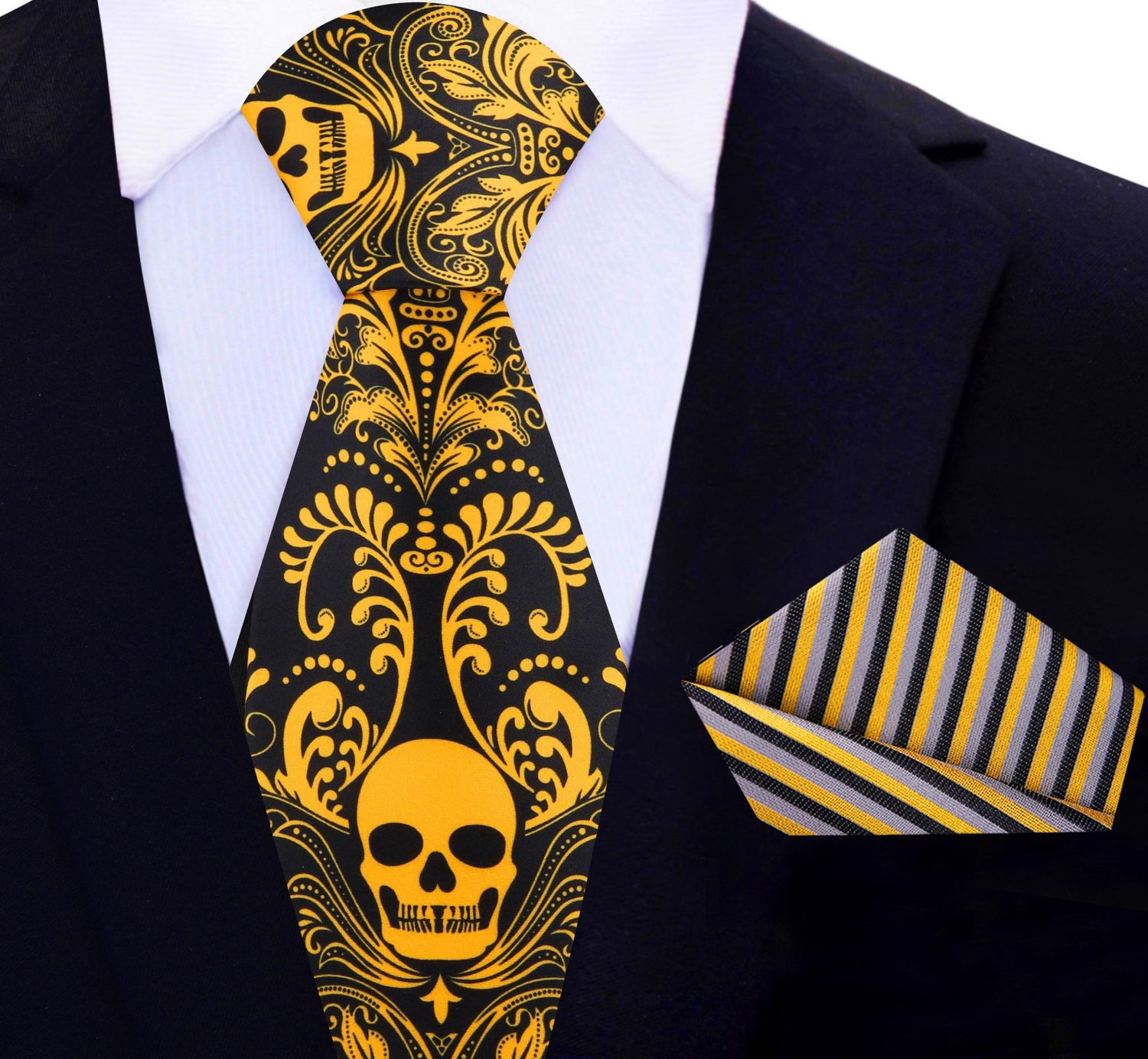 Black and Yellow Gold Skull Motif Silk Necktie with Accenting Yellow, Black and Grey Stripe Pocket Square