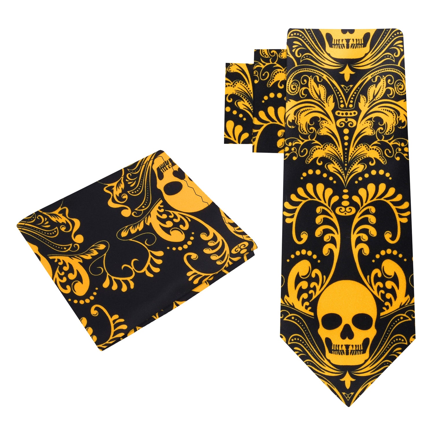 Alt View: Black and Yellow Gold Intricate Skull Tie and Pocket Square