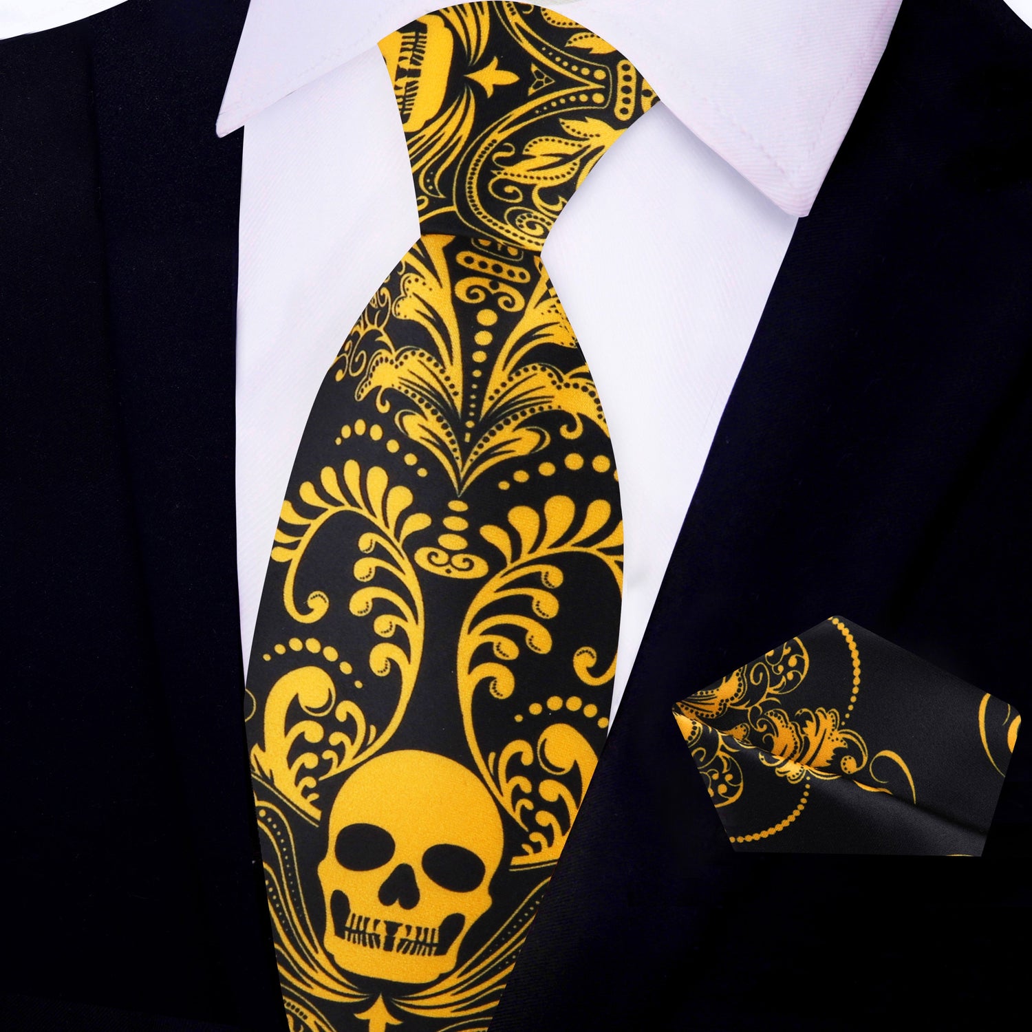 Black and Yellow Gold Intricate Skull Tie and Pocket Square