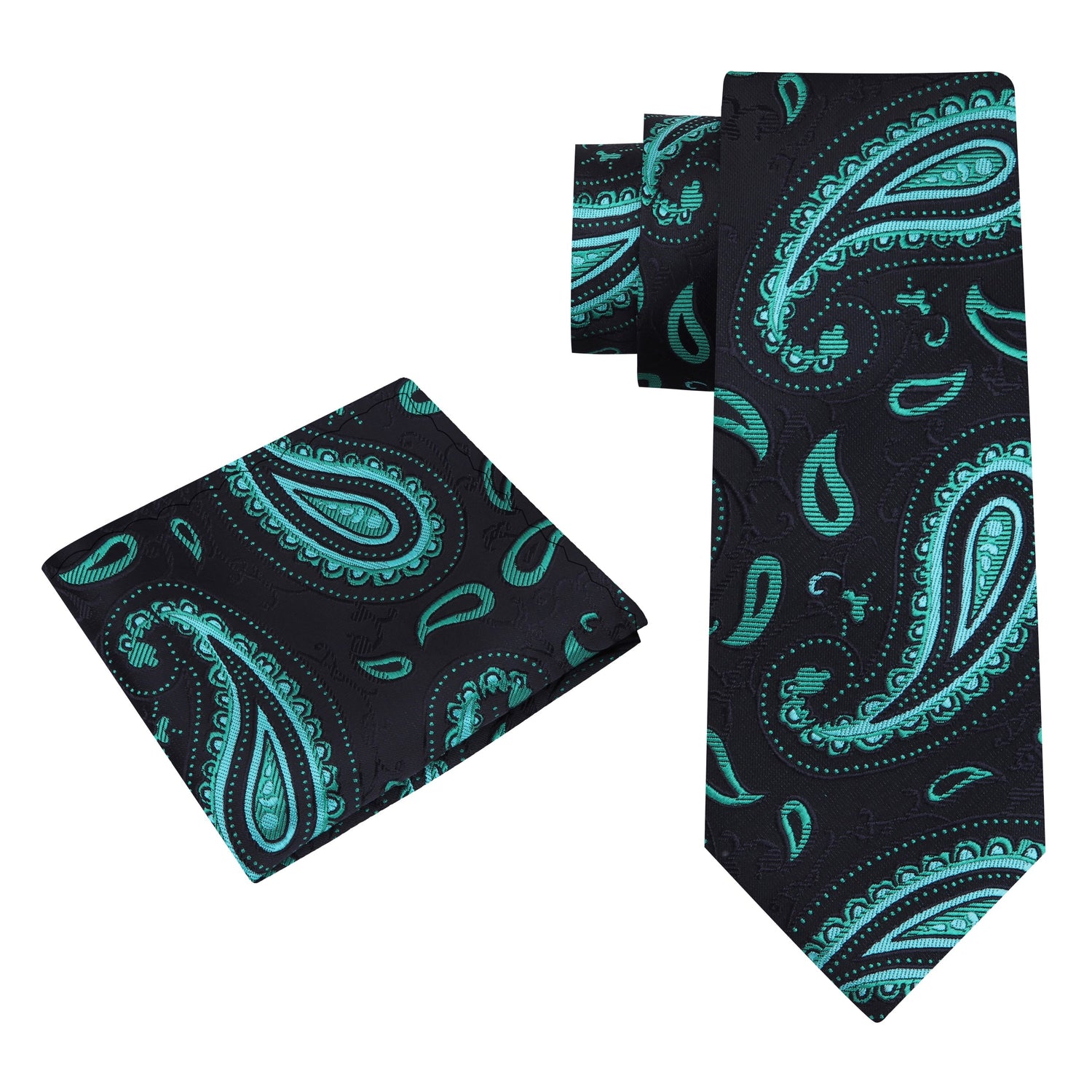 Alt View: A Black, Green Color Paisley Pattern Silk Necktie, Matching Pocket Square