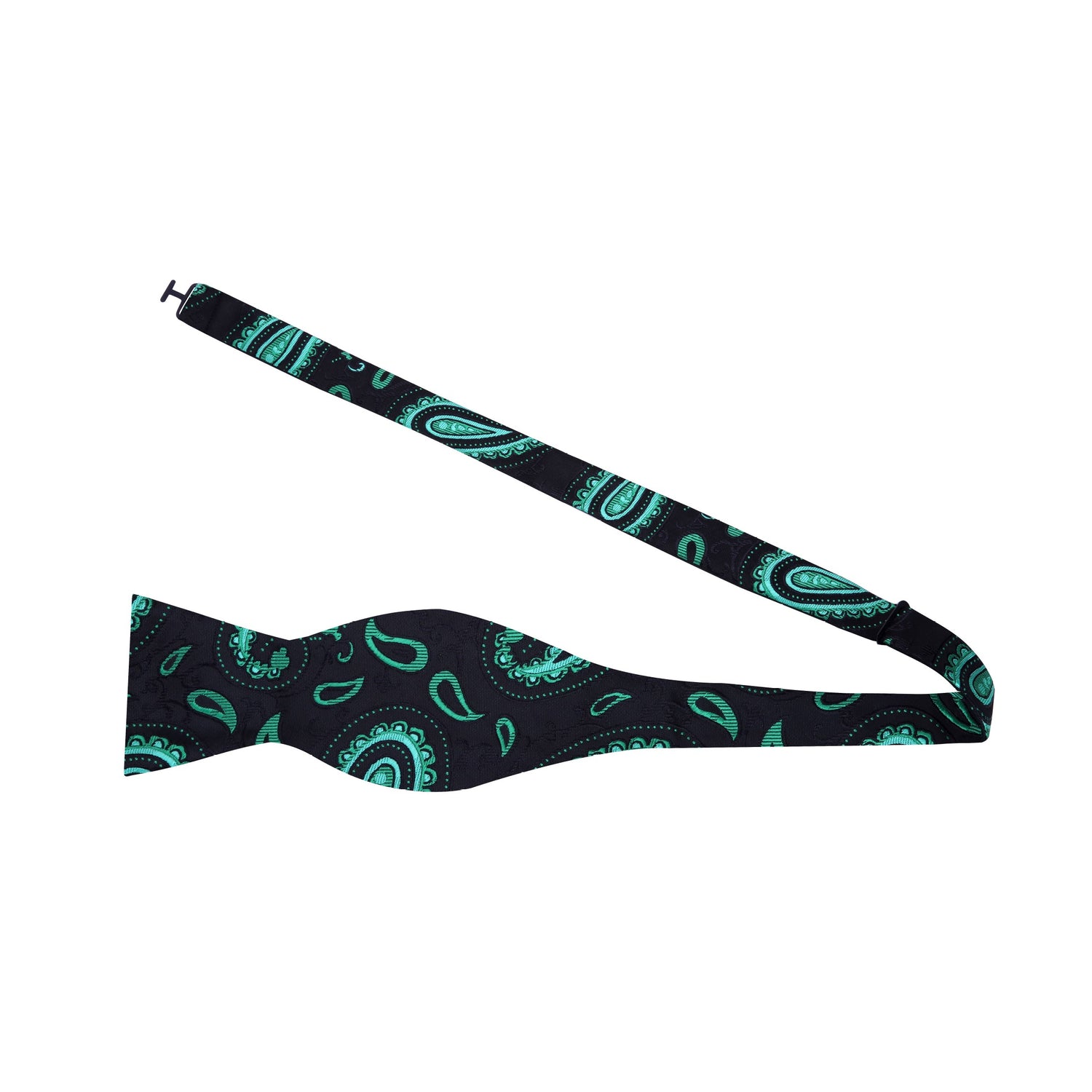 A Green, Black Paisley Pattern Silk Self Tie Bow Tie Untied