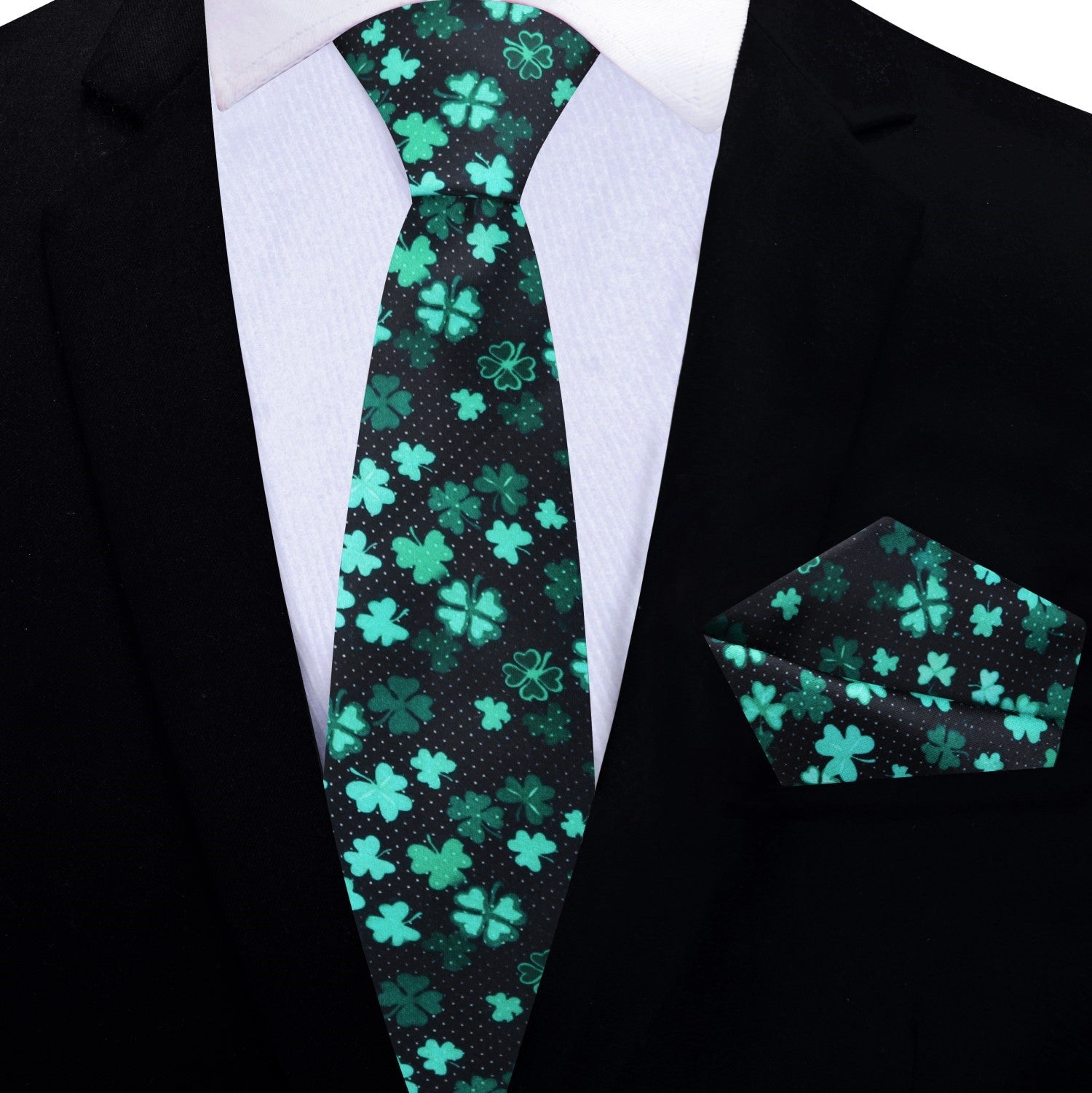 Thin Tie: Black Green Four Leaf Clovers Tie and Square