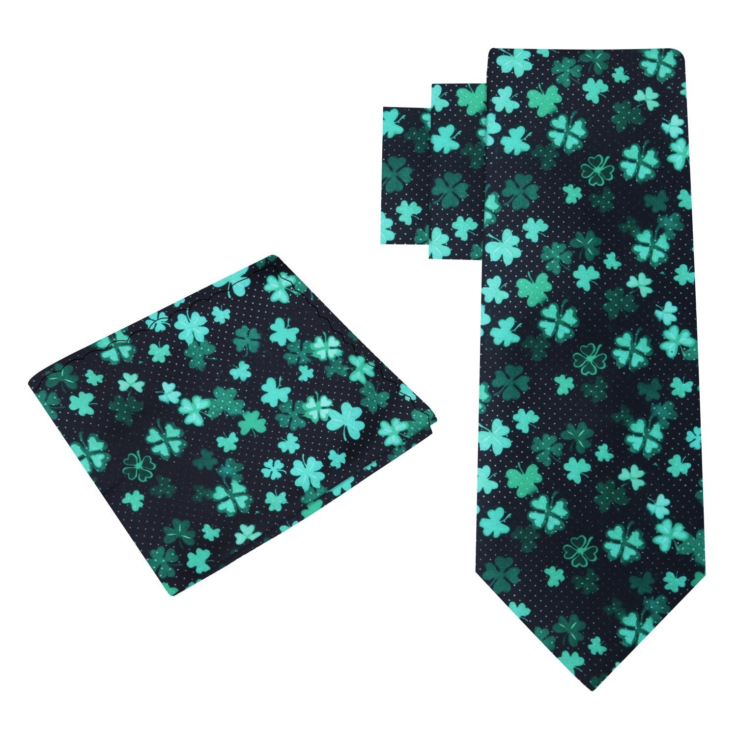 View 2:  Black Green Four Leaf Clovers Tie and Square
