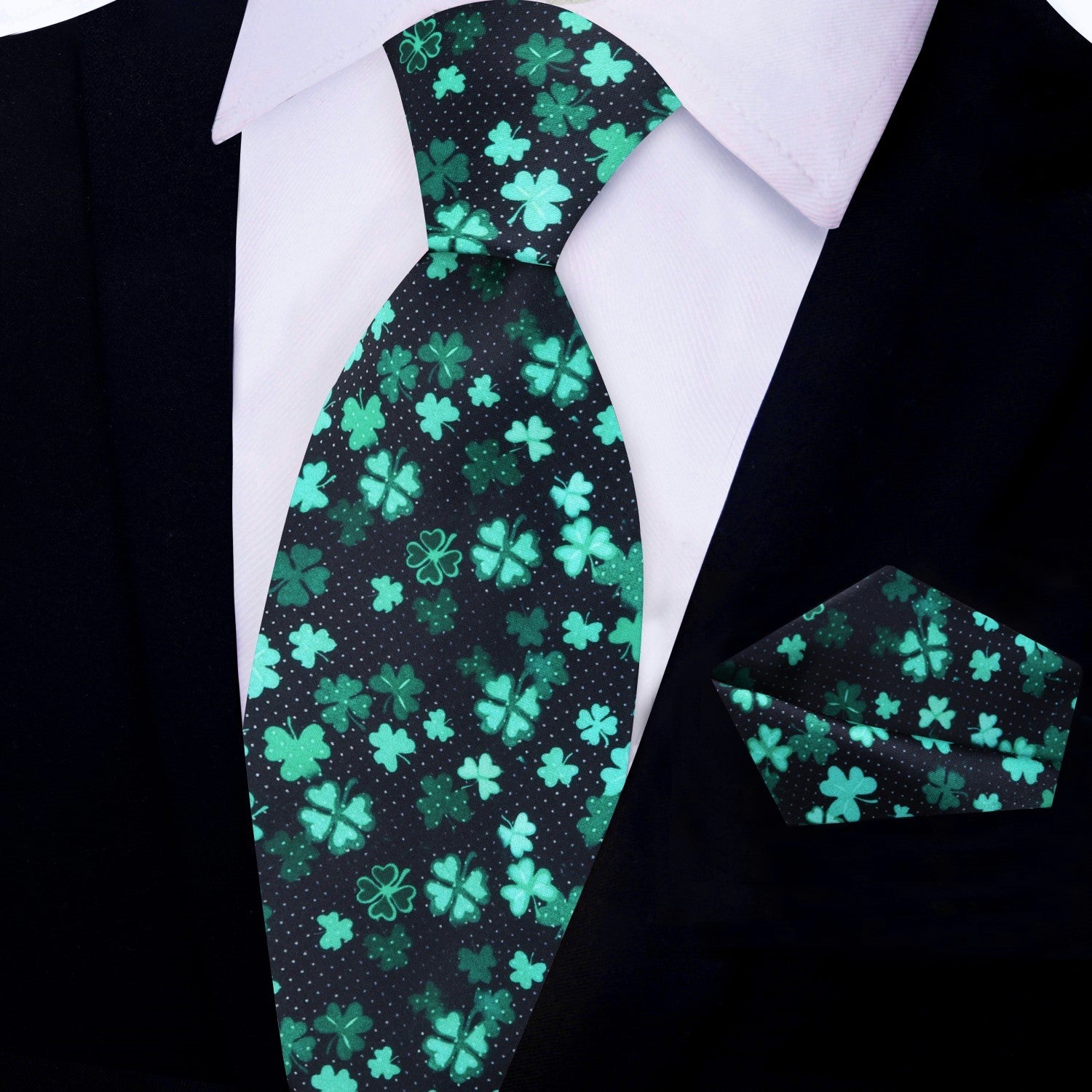  Black Green Four Leaf Clovers Tie and Square