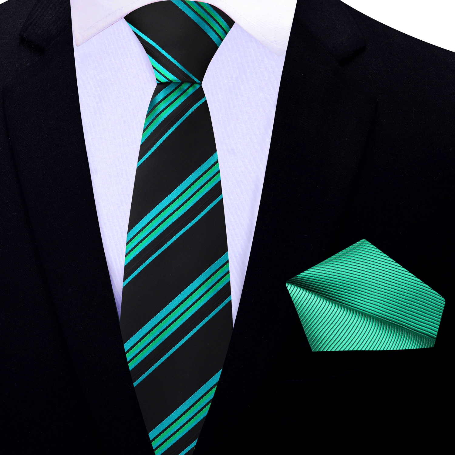 Thin Tie: Black, Green, Blue Stripe Tie and Green Square