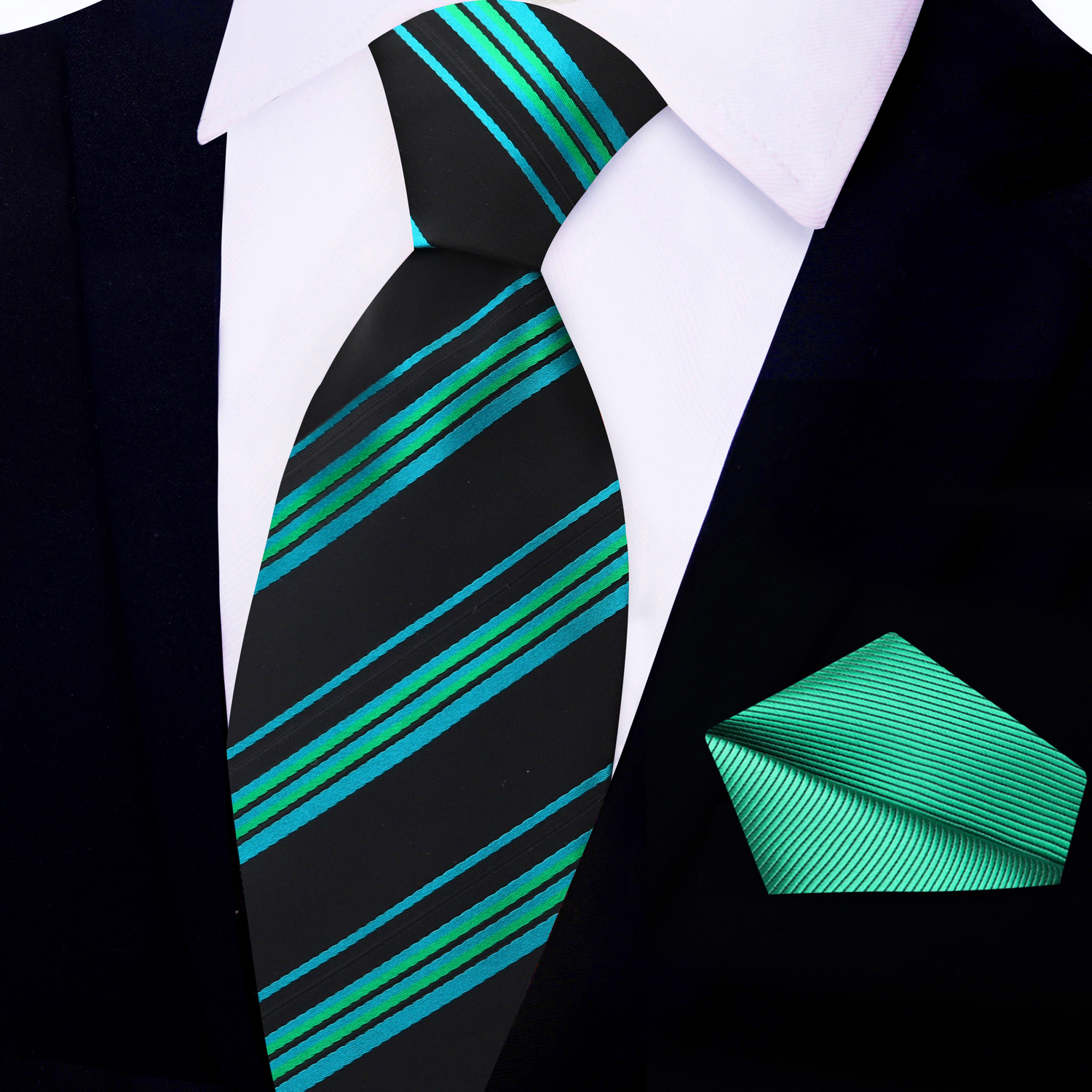 View 2: Black, Green, Blue Stripe Tie and Green Square