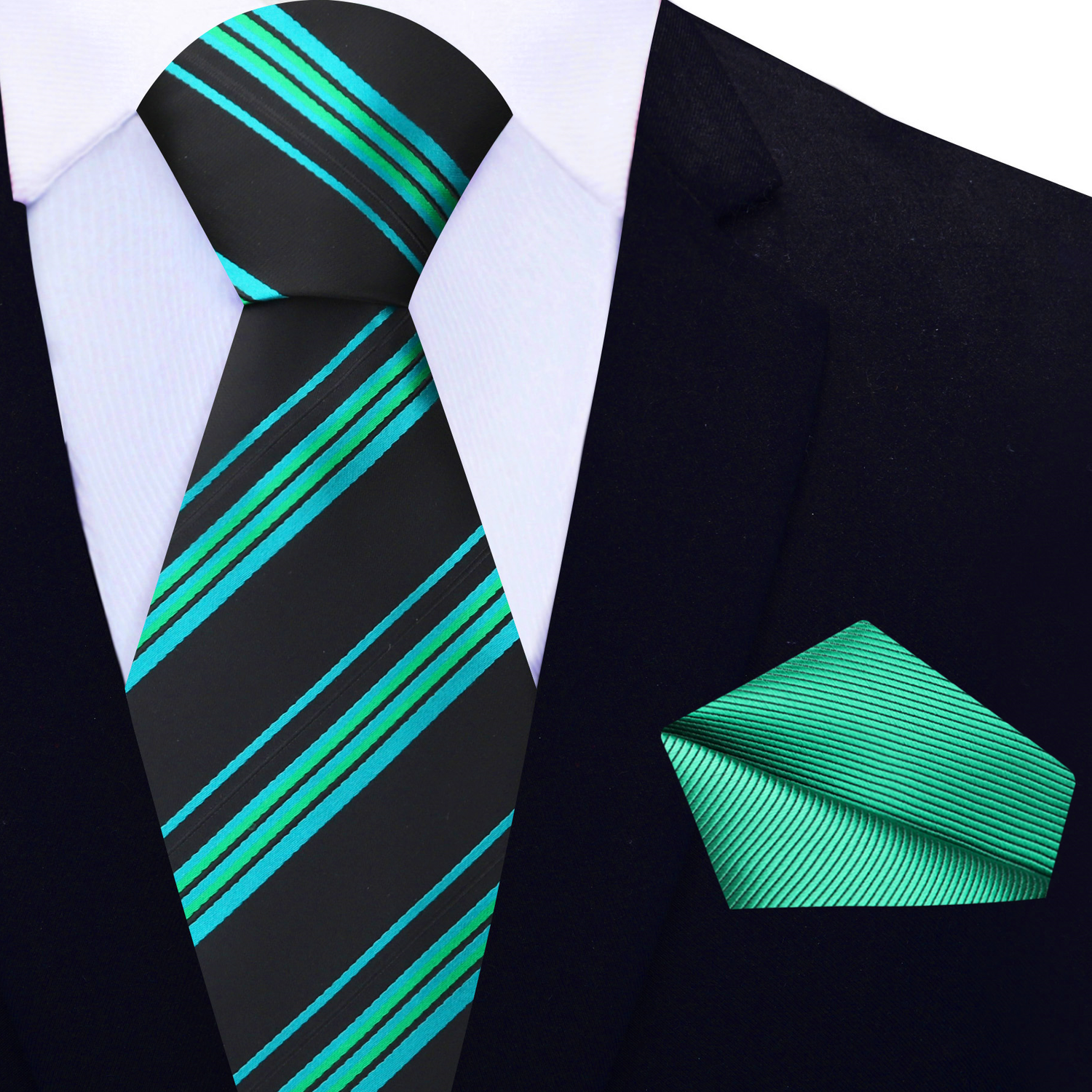 Black, Green, Blue Stripe Tie and Green Square