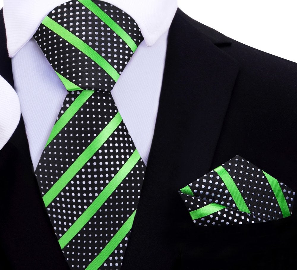 A Black Silk Background With Bright Green Stripes And White Dots Necktie With Matching Pocket Square