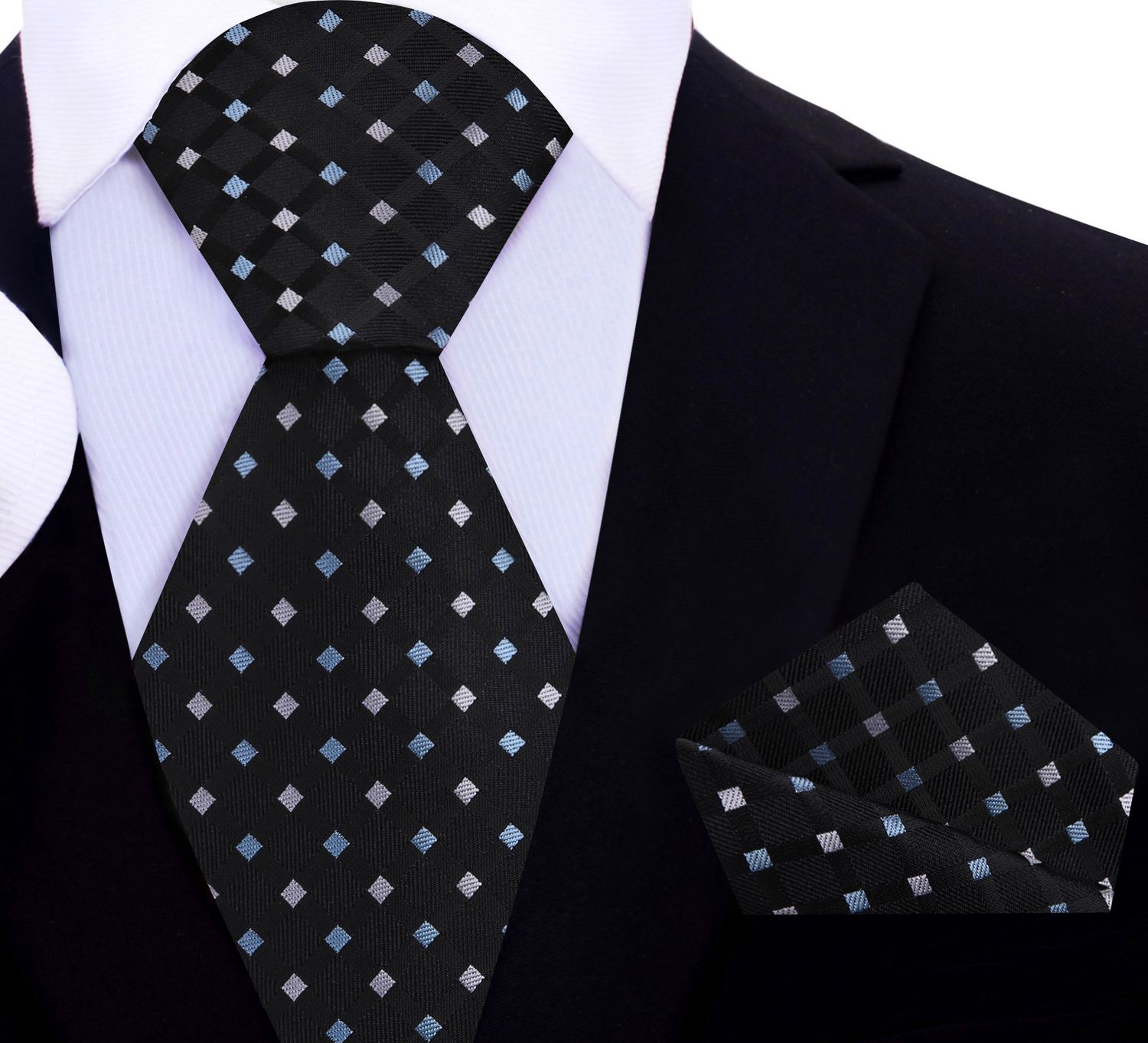 A Black, Light Blue, Light Grey Color Geometric Diamond Pattern Silk Tie, Pocket Square