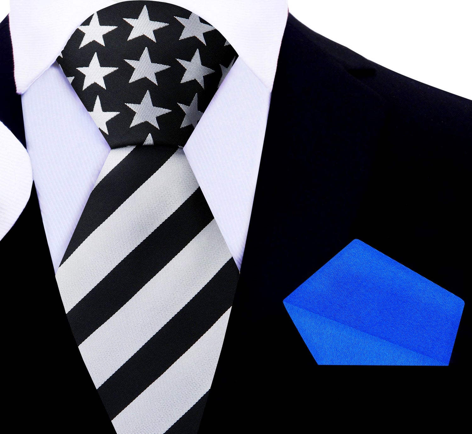 Blue, Black, Grey Stripes and Stars Tie and Pocket Square