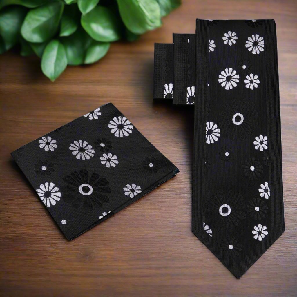 Alt View; Black, Grey Cactus Flower Tie