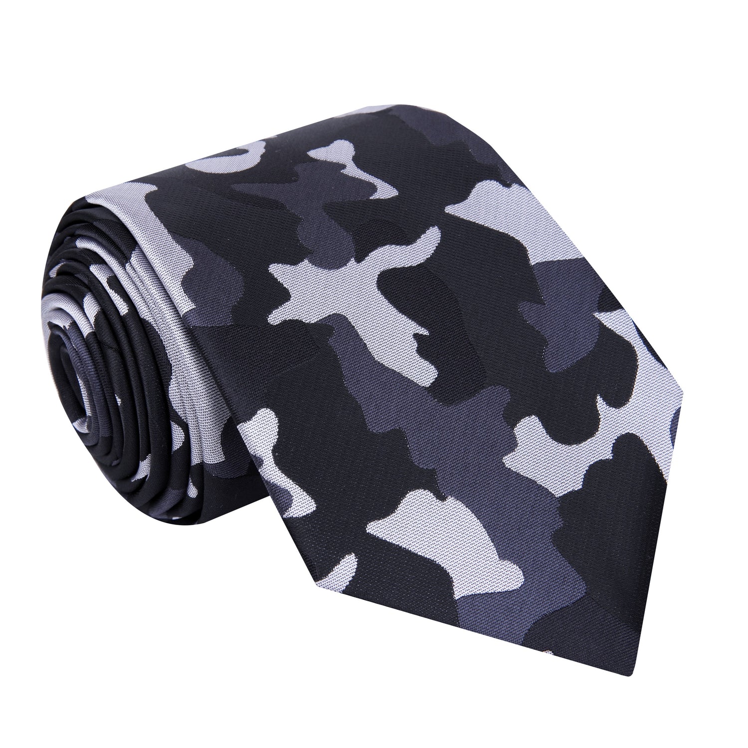 A Grey, Dark Grey, Black Color Camouflage Fleck Pattern Silk Necktie 