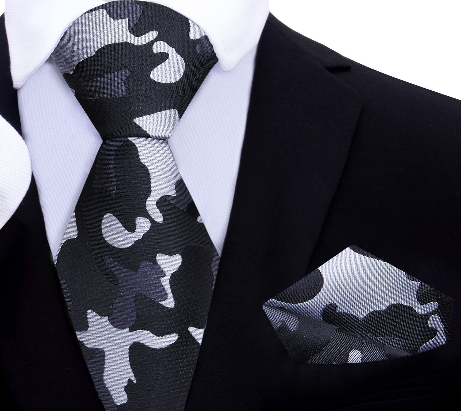 A Grey, Dark Grey, Black Color Camouflage Fleck Pattern Silk Necktie, Matching Pocket Square
