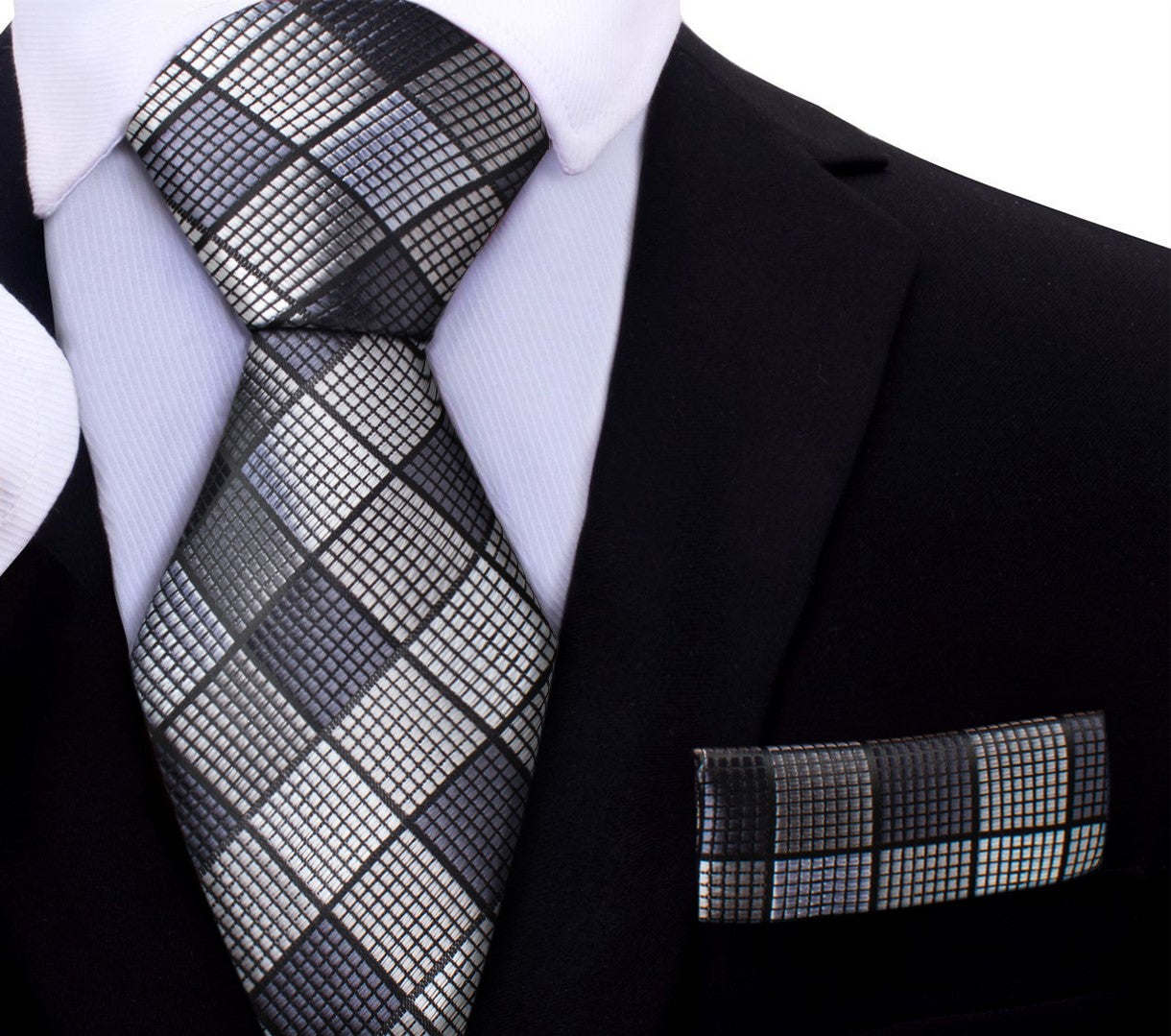 A Dark Grey, Grey Geometric Diamond Pattern Silk Necktie, Matching Pocket Square