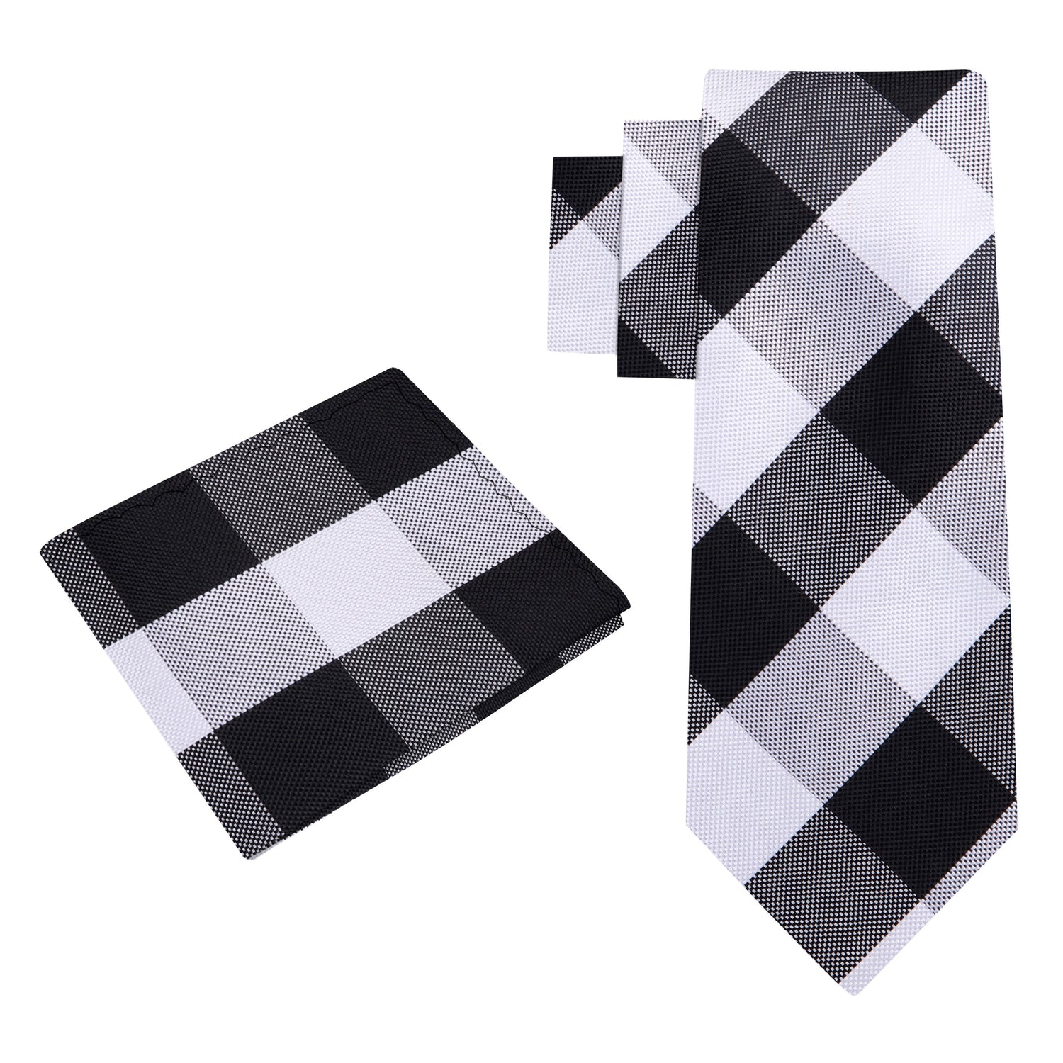 Alt View: A Grey, Black Plaid Pattern Silk Necktie, Matching Pocket Square