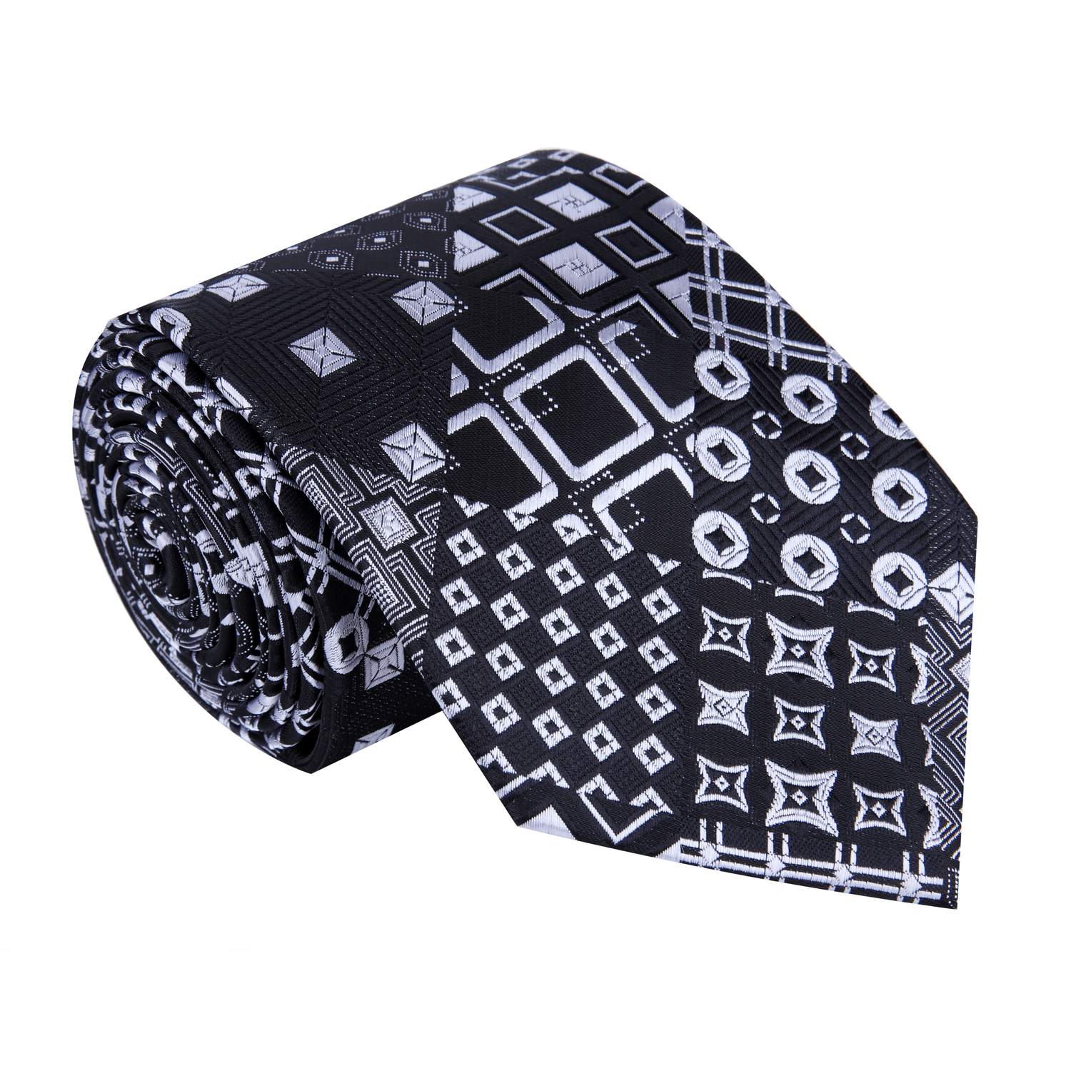 A Black, Grey Abstract Geometric Shapes Pattern Silk Necktie 