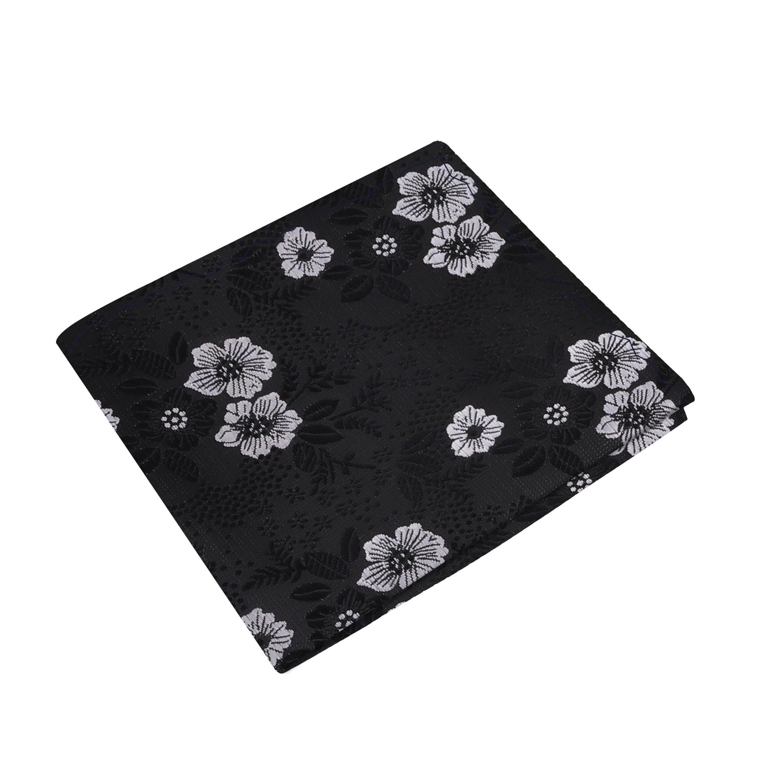 A Black, White Detailed Flowers Pattern Silk Pocket Square