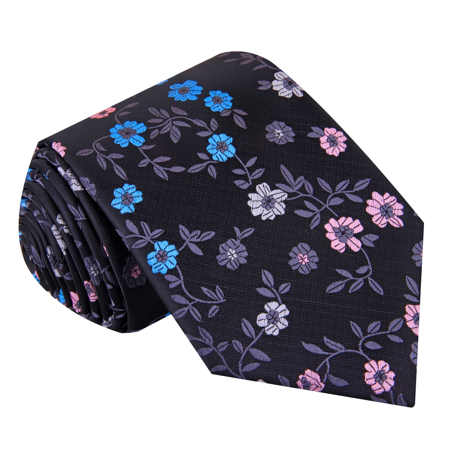Charcoal, Blue, Pink Flowers Tie  
