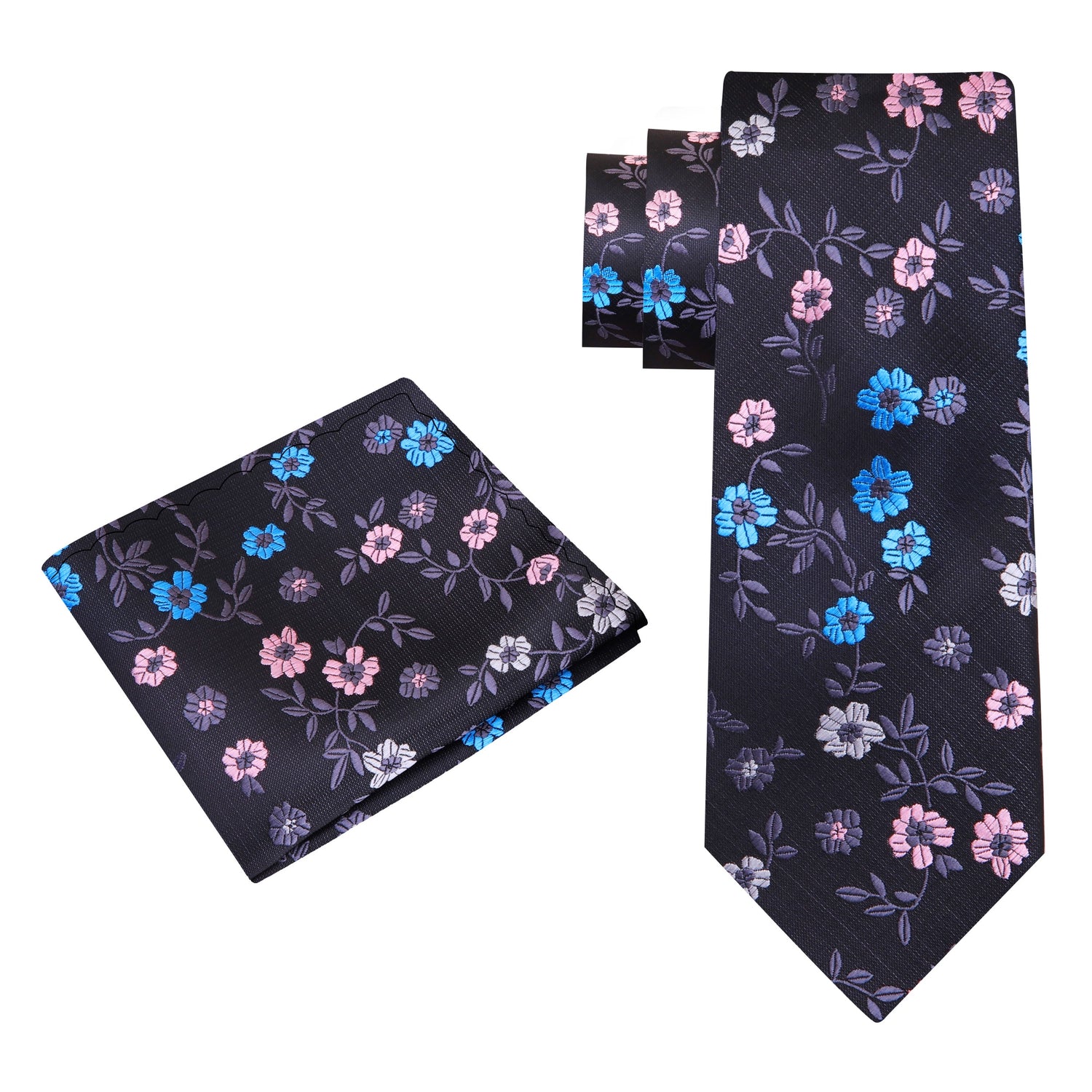 Alt View: Charcoal, Blue, Pink Flowers Tie and Pocket Square