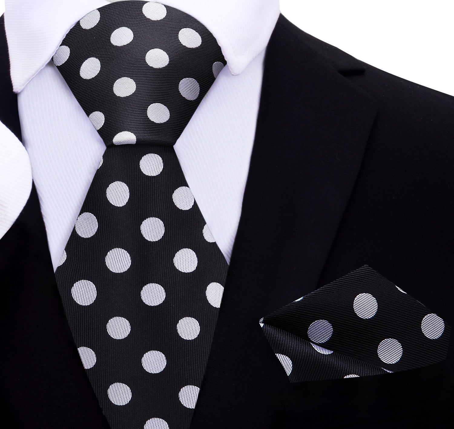 A Black, Grey Polka Dot Pattern Silk Necktie, Matching Pocket Square 
