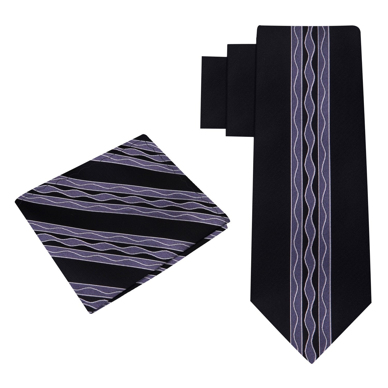 Alt View: Black, Grey Waves Tie and Pocket Square