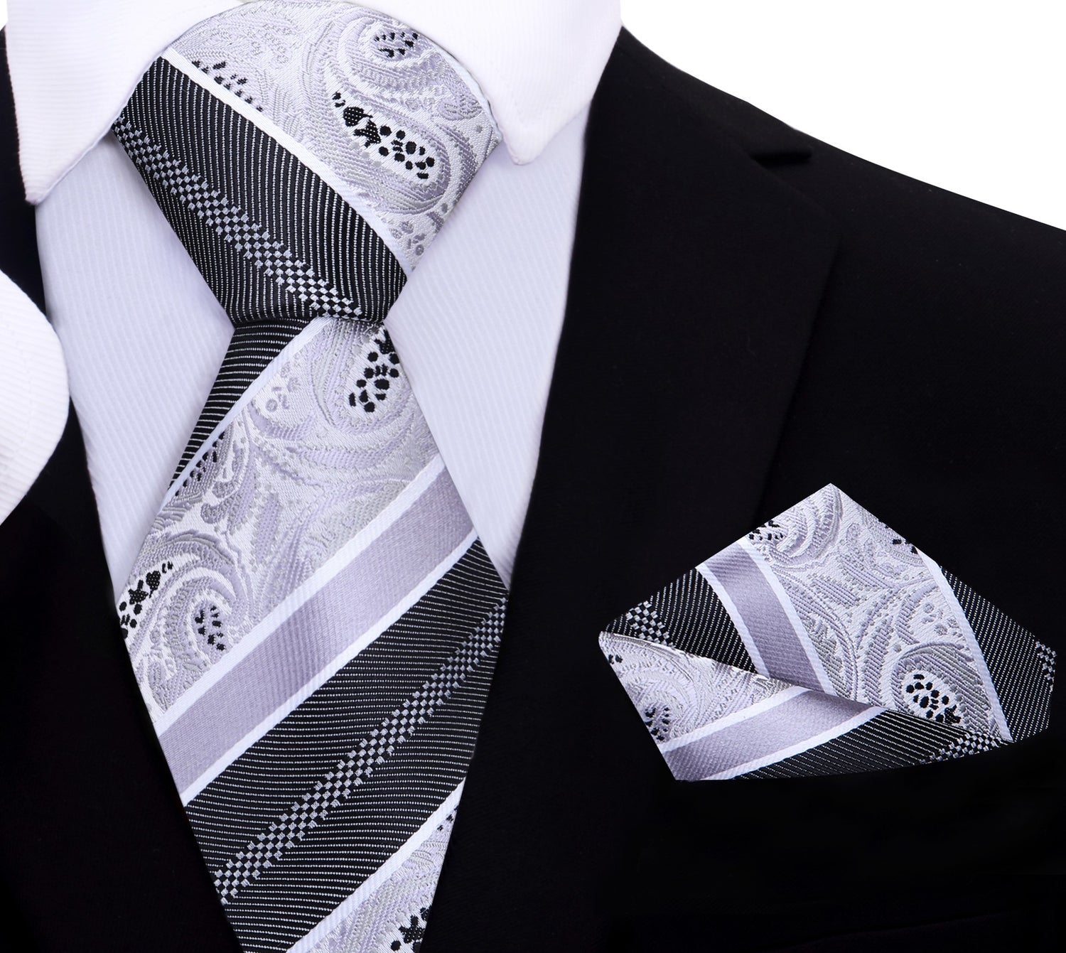Grey, White, Black Paisley Tie and Pocket Square