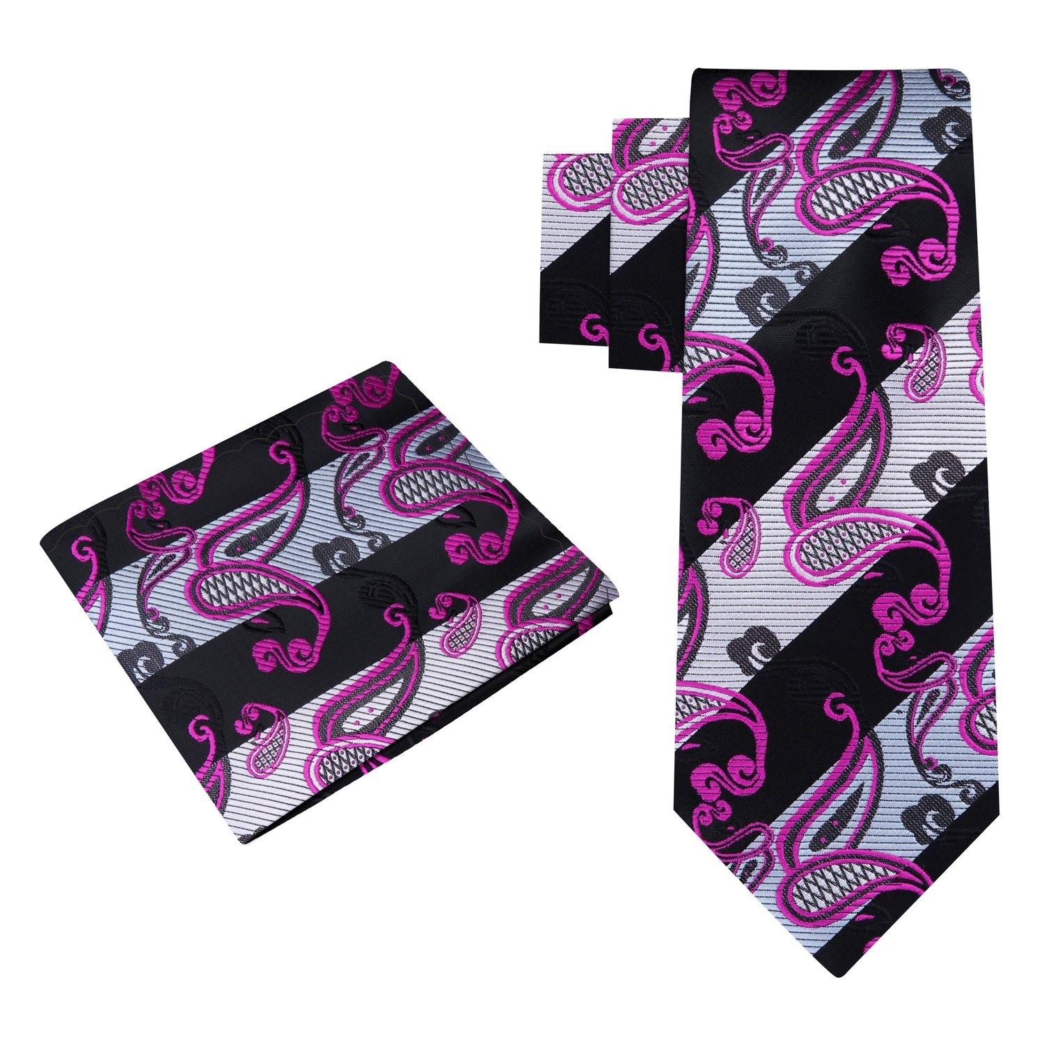 Alt View; A Black, Grey, Purple Paisley Pattern Silk Necktie, Matching Pocket Square|