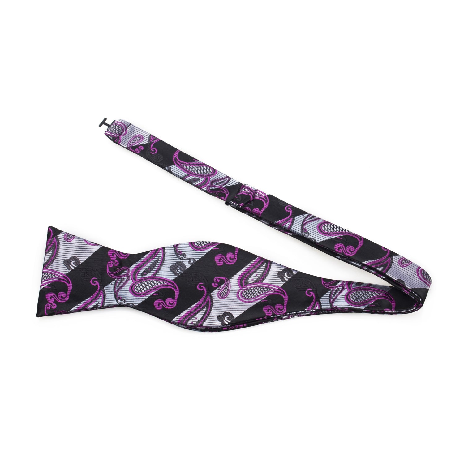 A Black, Grey, Purple Paisley Pattern Silk Self Tie Bow Tie Untied