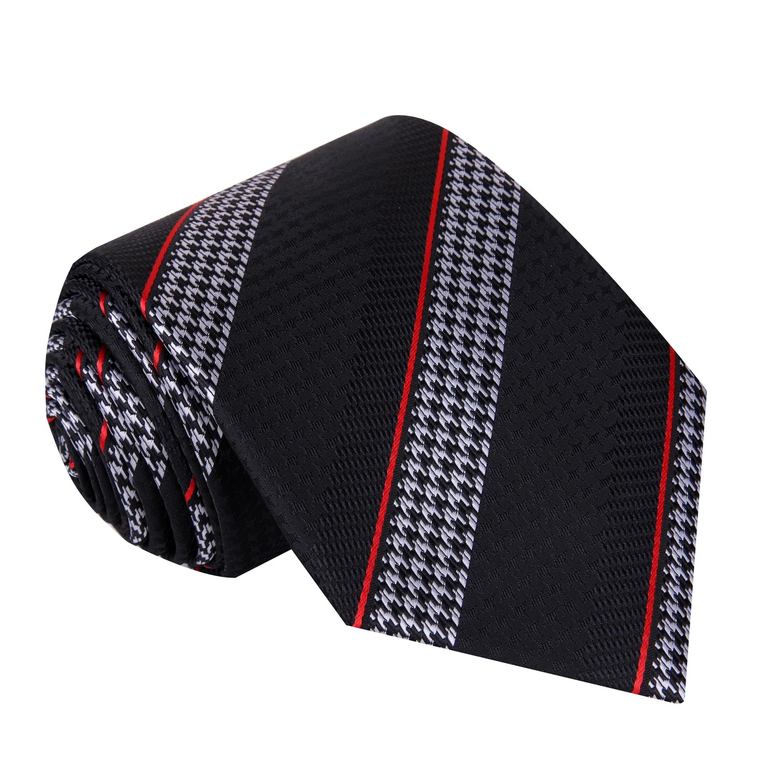 A Black, Grey, Red Stripe With Houndstooth Pattern Silk Necktie 