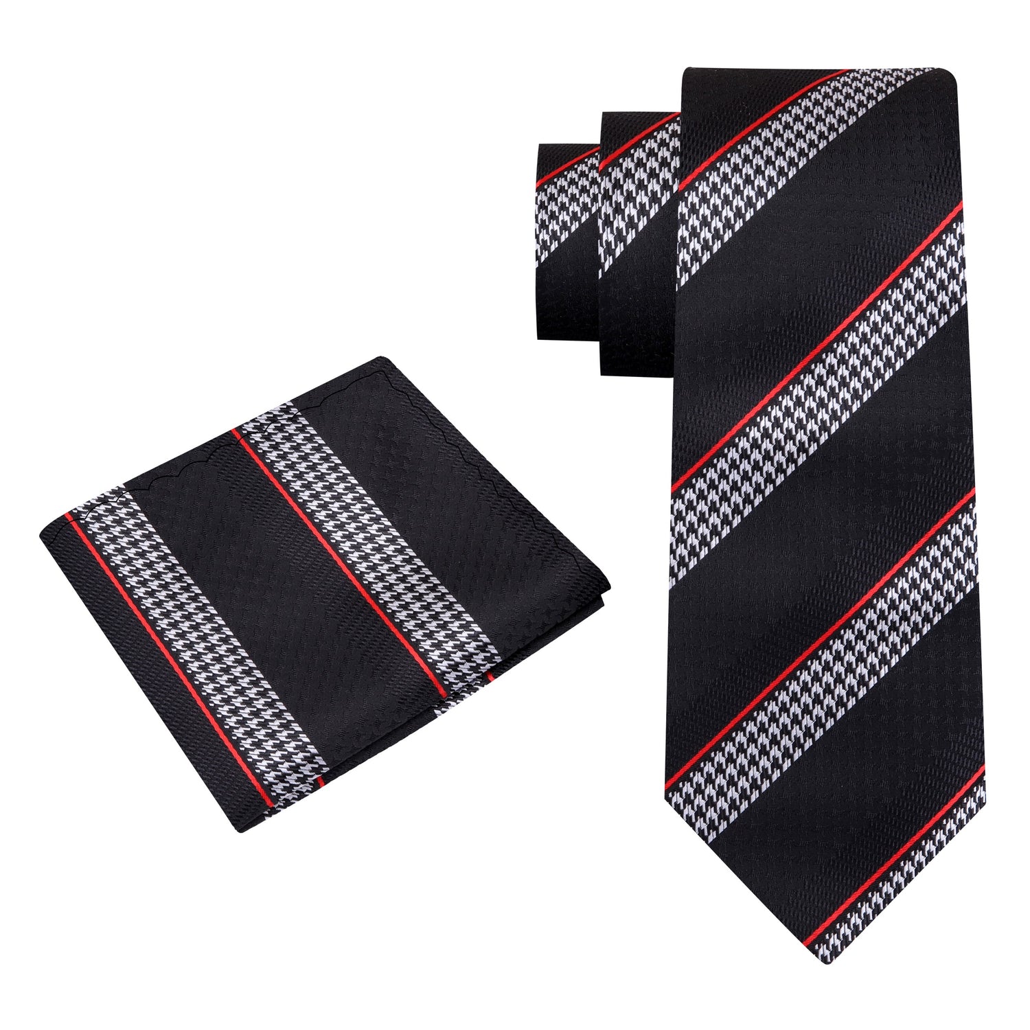 Alt View: A Black, Grey, Red Stripe With Houndstooth Pattern Silk Necktie, Matching Pocket Square