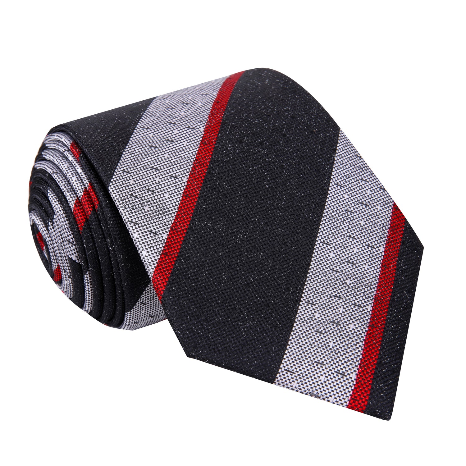 A Black, Grey, Red Stripe Pattern Silk Necktie 