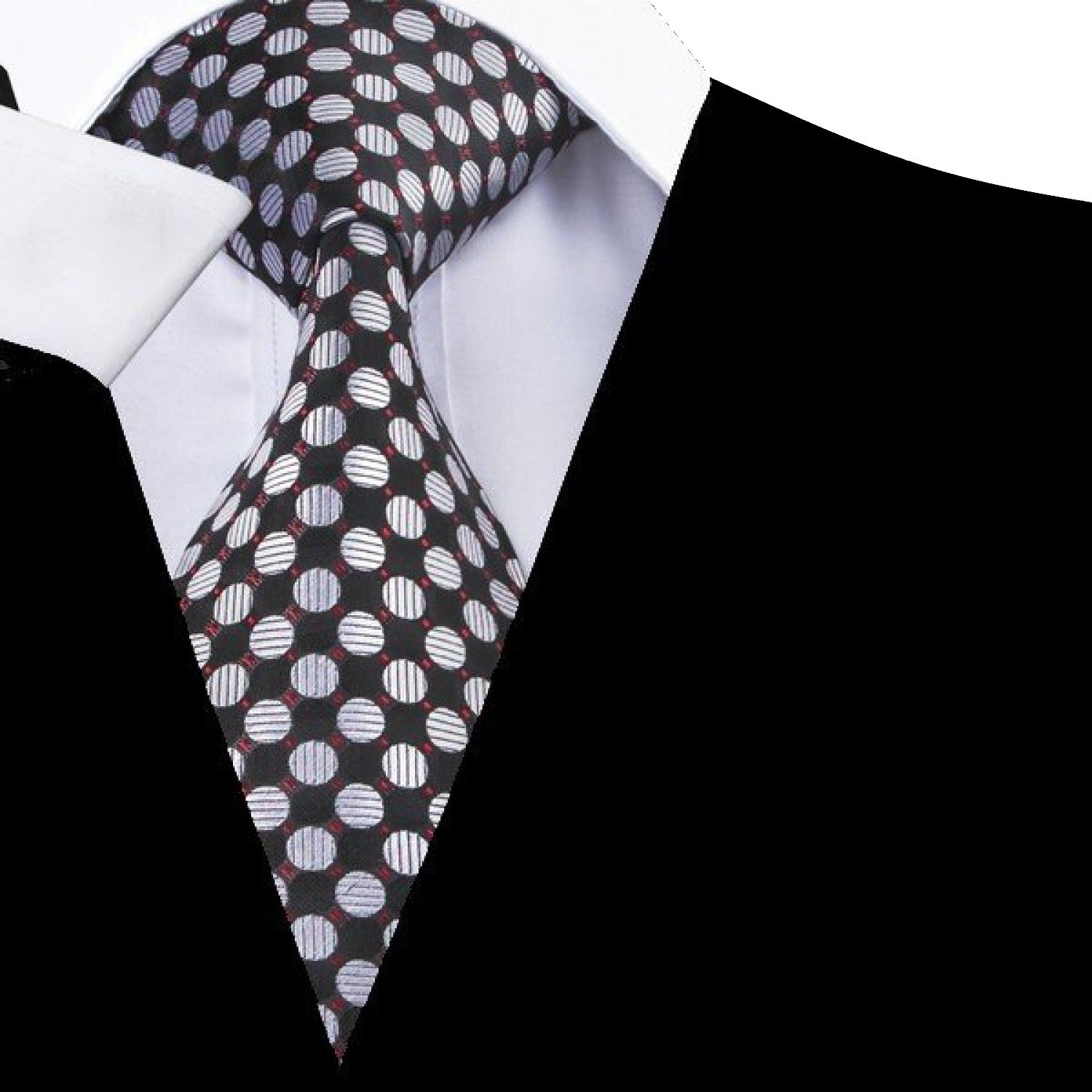 A Black, Red Geometric Polka Pattern Silk Necktie