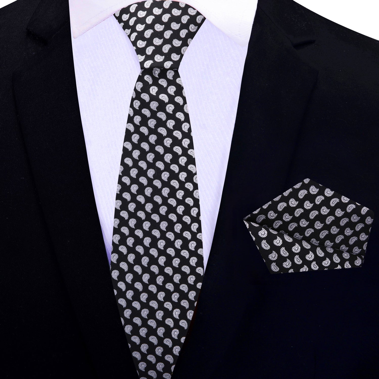 Black, Grey Small Paisley Thin Tie and Pocket Square