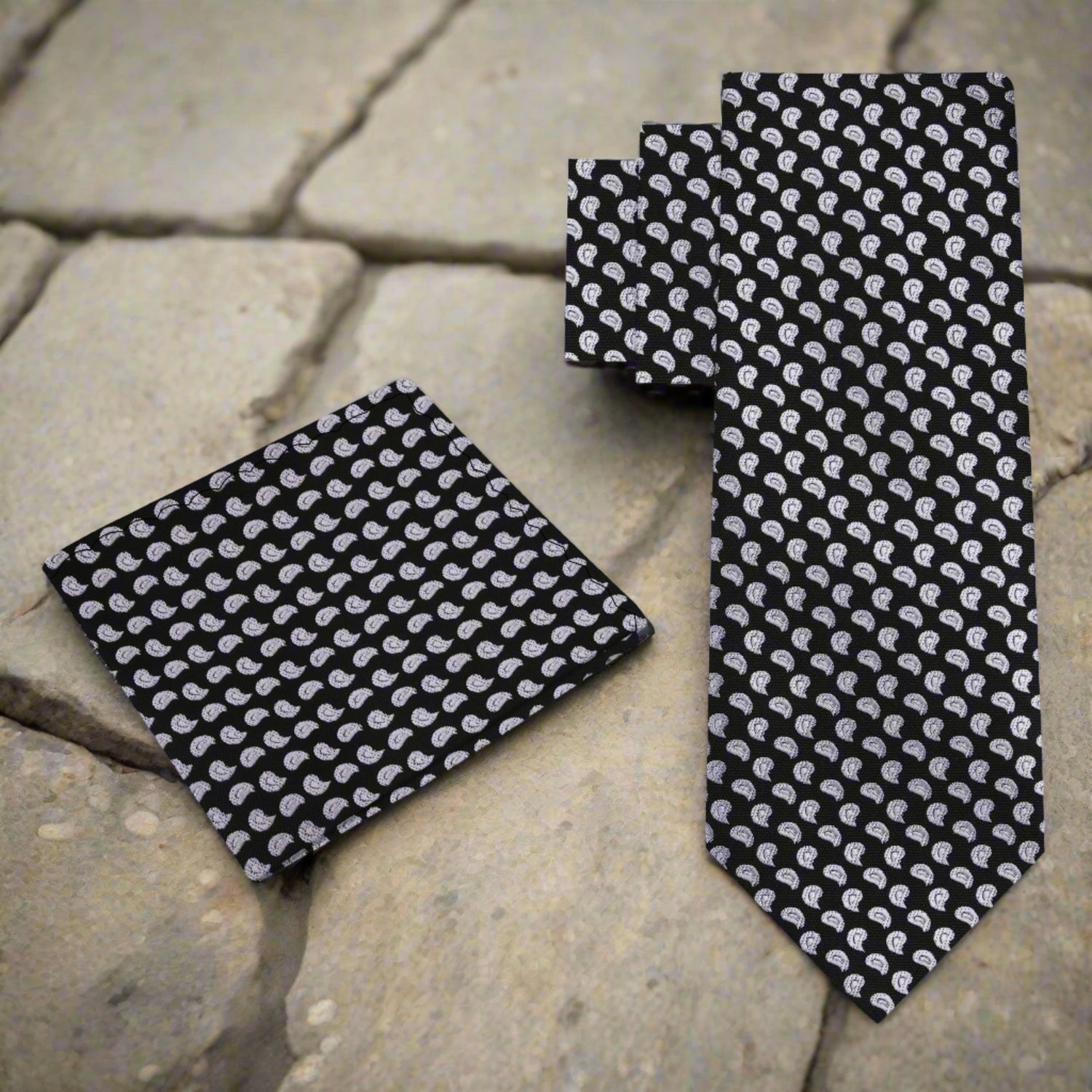 Alt View; Black, Grey Small Paisley Tie and Pocket Square