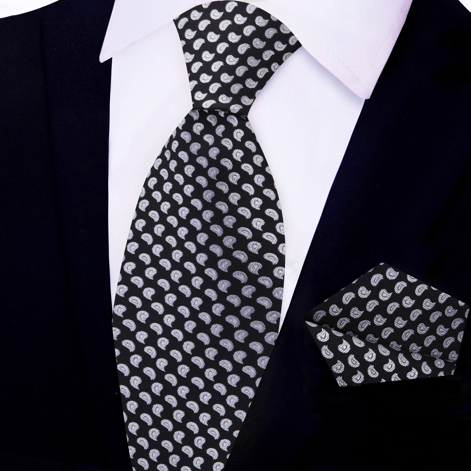 Main: Black, Grey Small Paisley Tie and Pocket Square