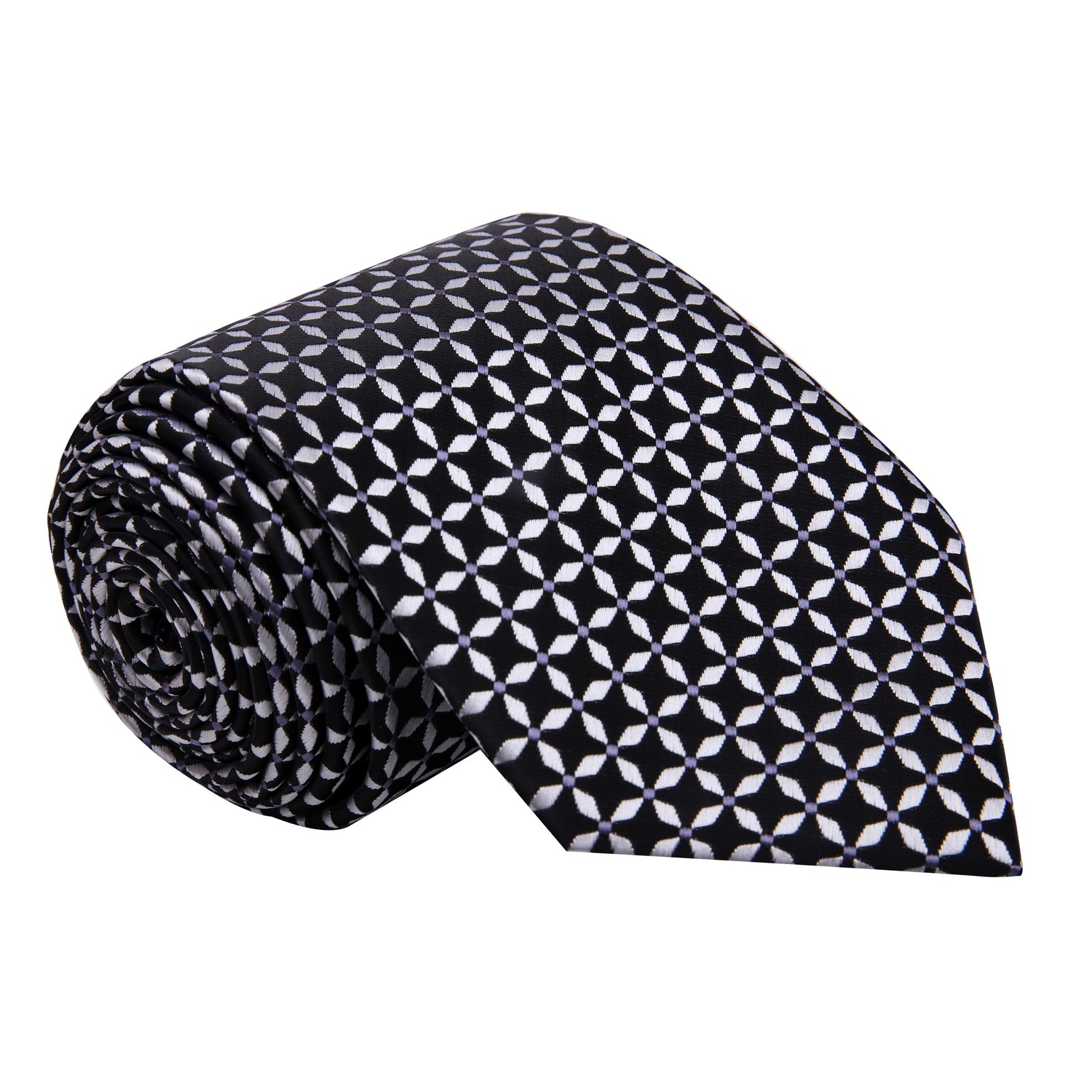 A Black With Grey Geometric X Pattern Silk Necktie, Dark Grey, Black Tie 