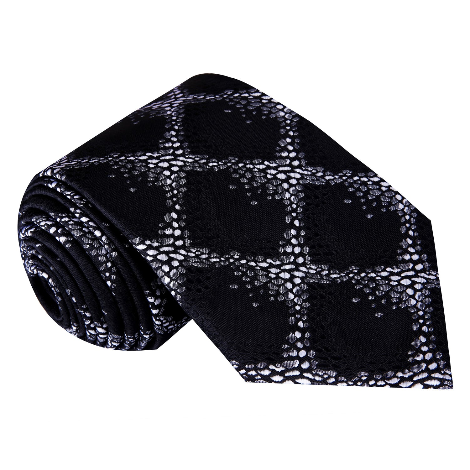 A Grey, Black Geometric Diamonds Pattern Silk Necktie 