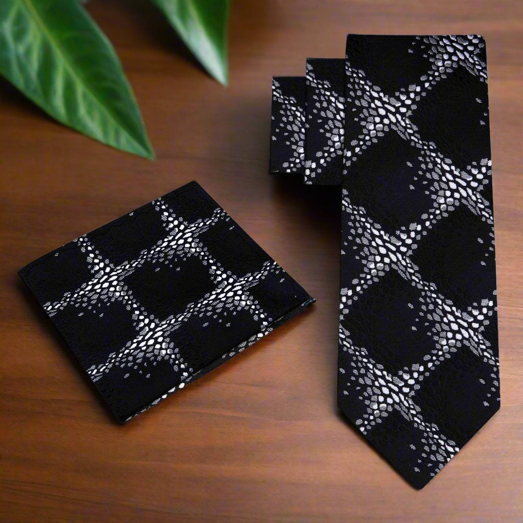 Alt View: A Grey, Black Geometric Diamonds Pattern Silk Necktie, Matching Pocket Square