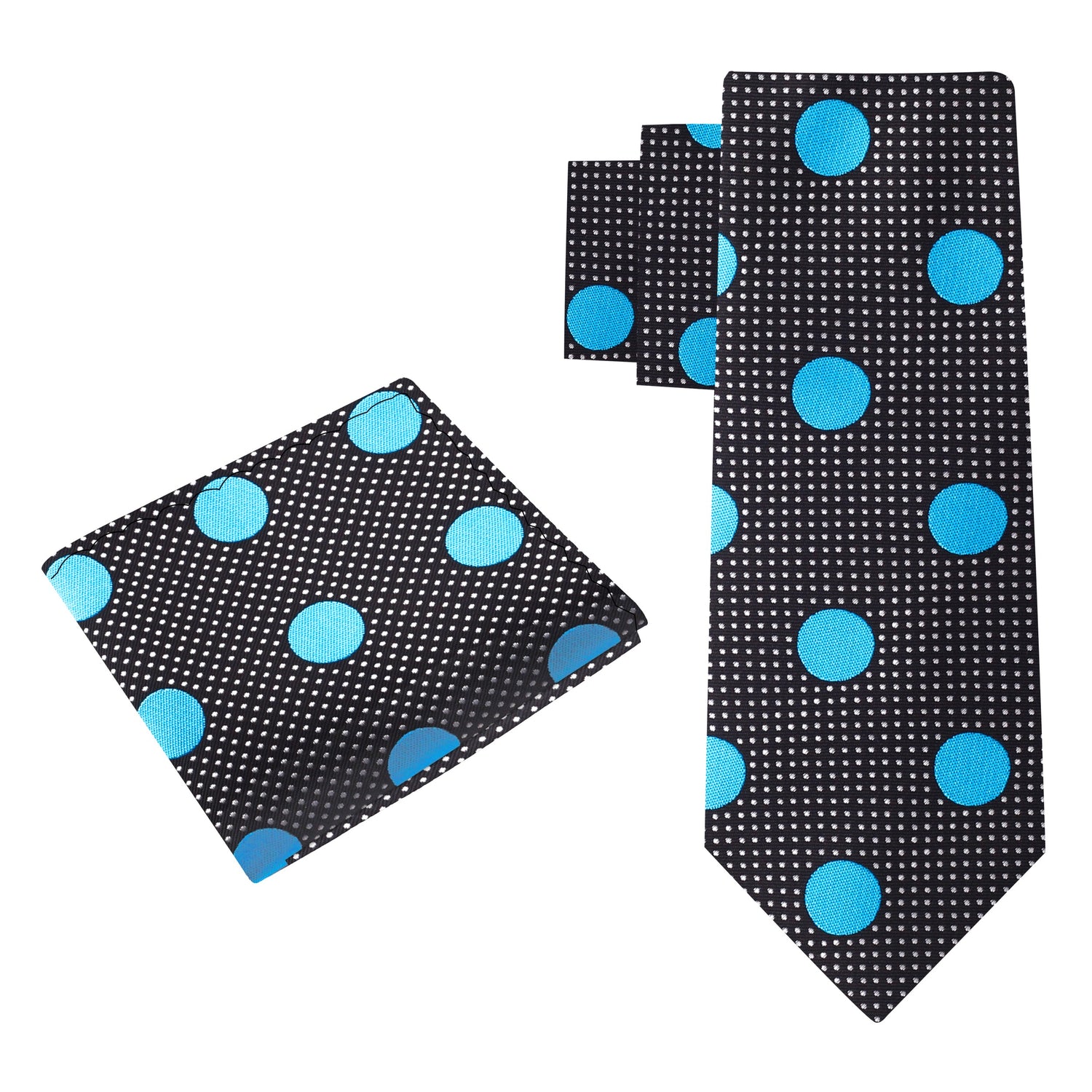 Alt View: A Black, Light Blue Dots Pattern Silk Necktie, Matching Pocket Square
